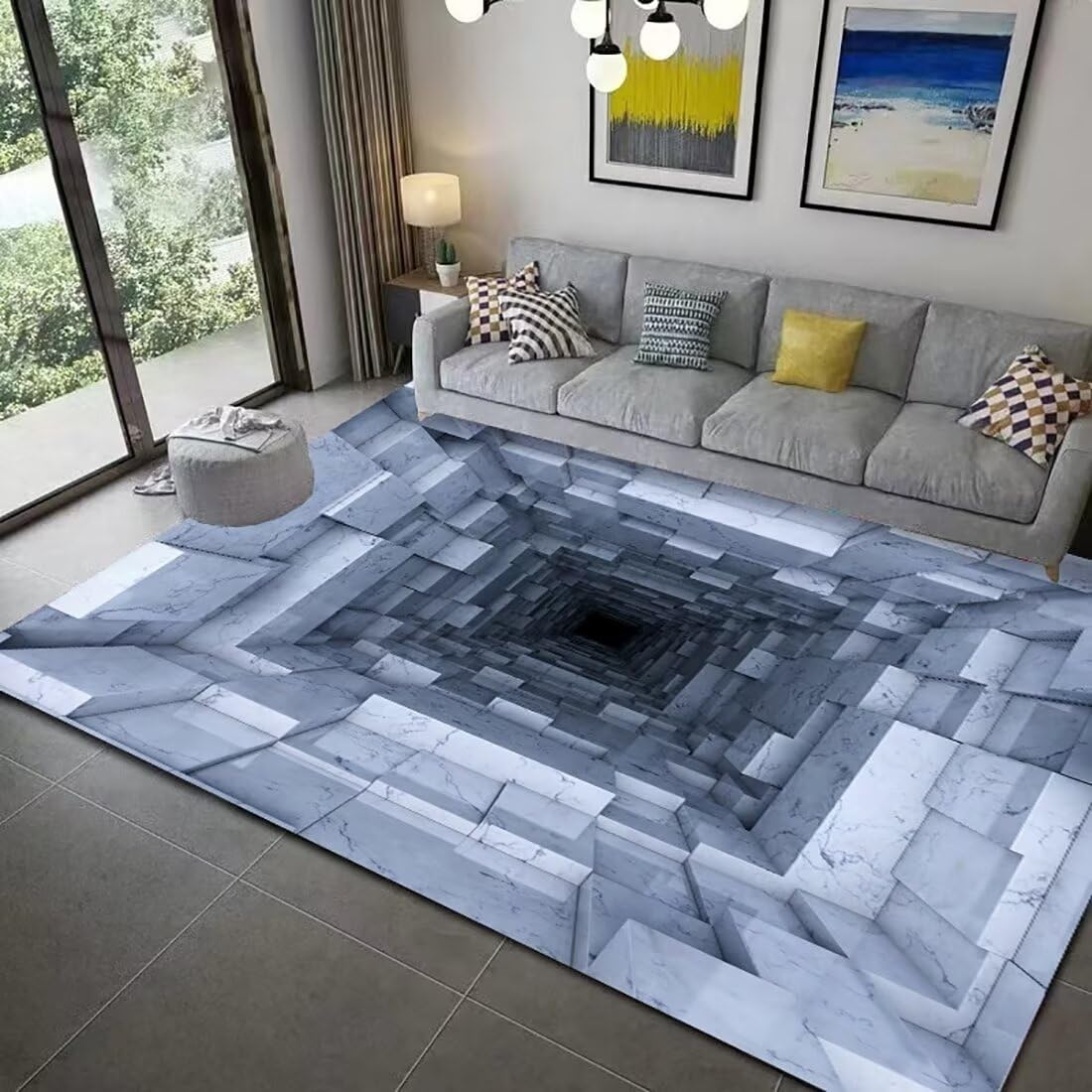 Qkjtyt Marble Brick Bottomless Hole Area Rug for Kids Bedroom Playroom 3D Trap Optical Visual Illusion Rugs Low Pile Living Room Floor Mat Carpet,