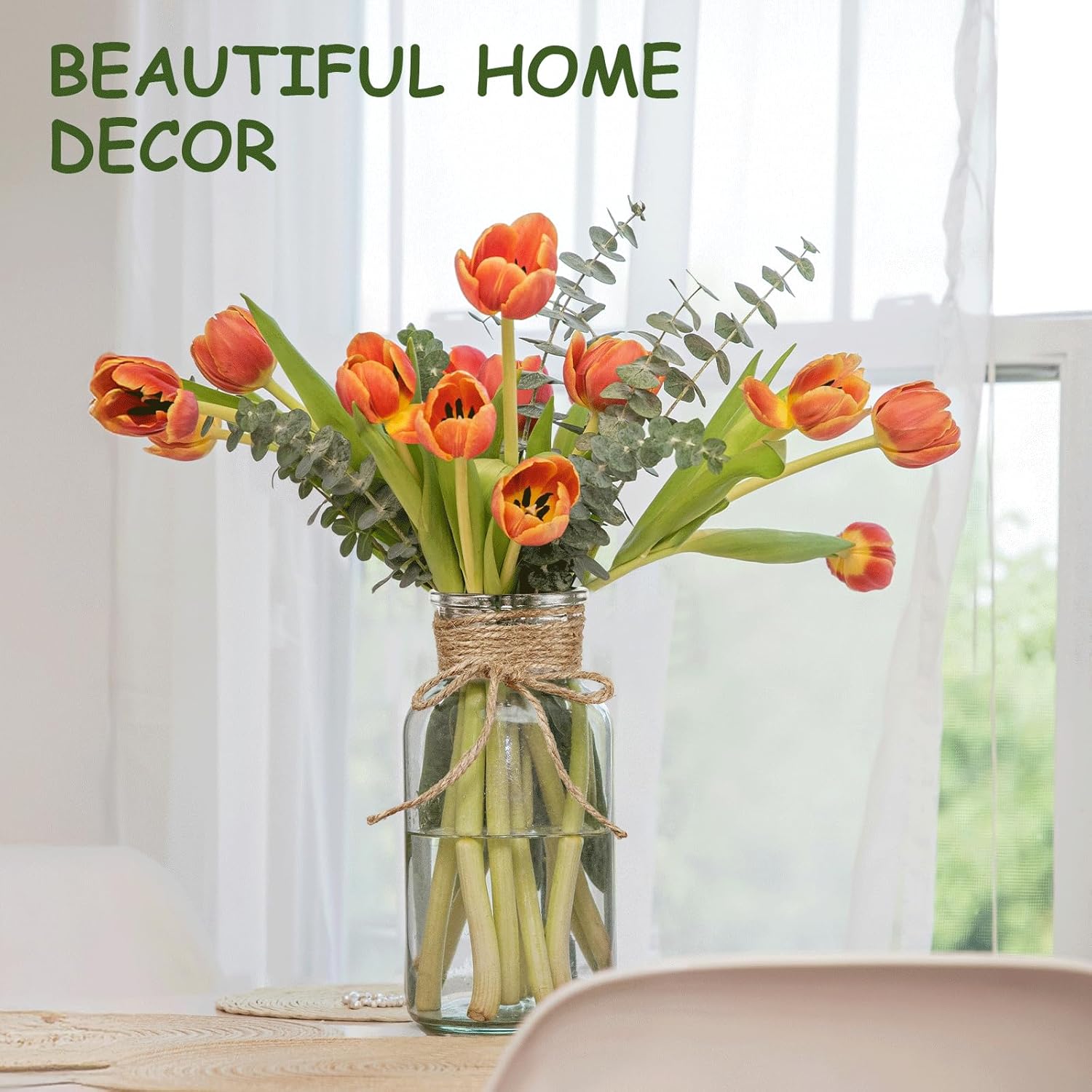 6pcs Glass Vase Set with Artificial Eucalyptus Leaves Stems, Vintage Clear Flower Vases for Centerpiece Table Decorations Farmhouse Wedding, Cylinder Vase for Home Decor Party Bathroom Office Shelf