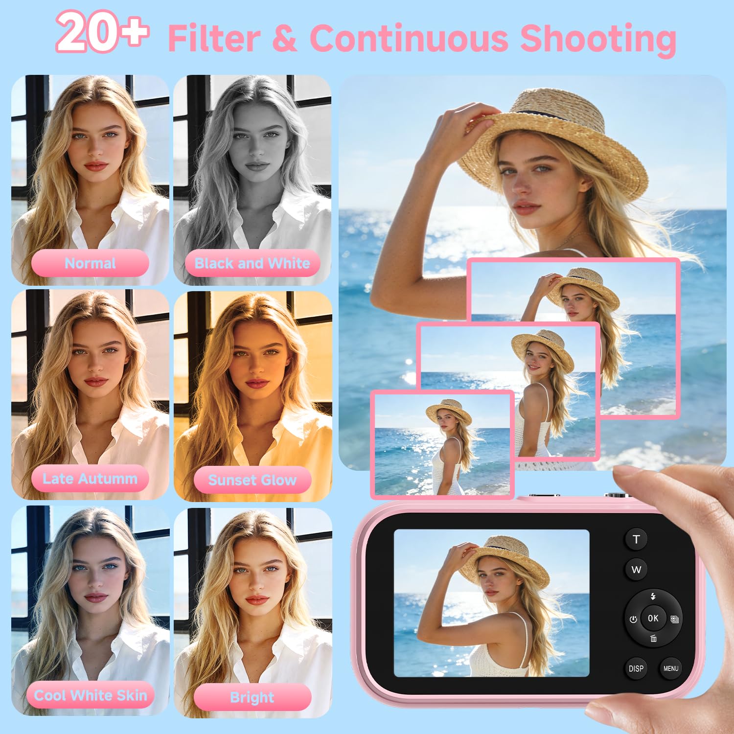 Cámara digital para adolescentes, cámara compacta 4K para apuntar y disparar con filtros vintage, mini cámara de vlogging regalo para niños, estudiantes, principiantes, incluye función MP3 y tarjeta