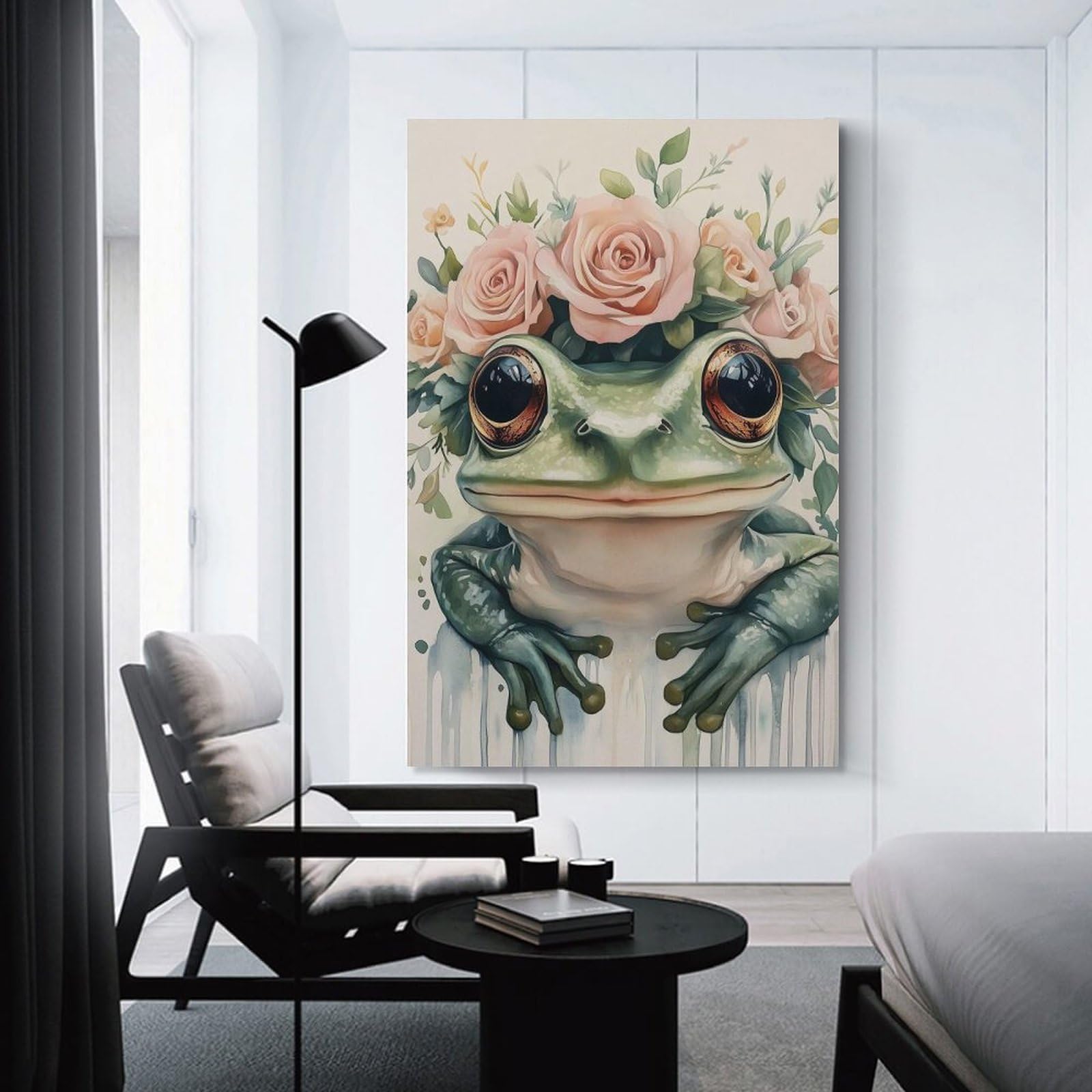 Junmoney Canvas Wall Picture Frog with Flower Crown, 12x18inch(30x45cm), for Study, Office Or Focused Interiors, Wall Art That Adds Style to Work Areas