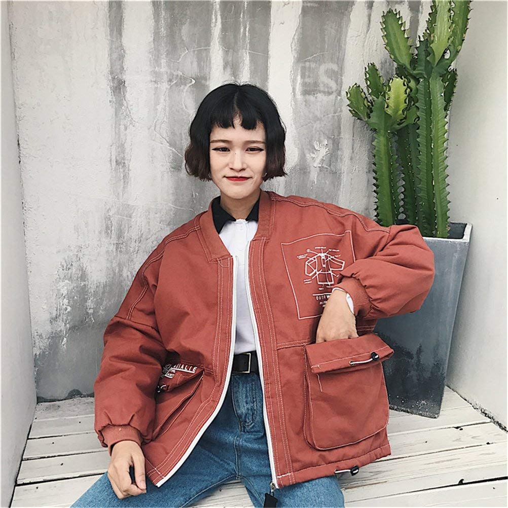 Kurtka damska jesień zima elegancki luźny płaszcz na zewnątrz z długim rękawem zamek błyskawiczny retro na co dzień moda vintage chłopak styl kurtka płaszcz odzież wierzchnia, Czerwony, L