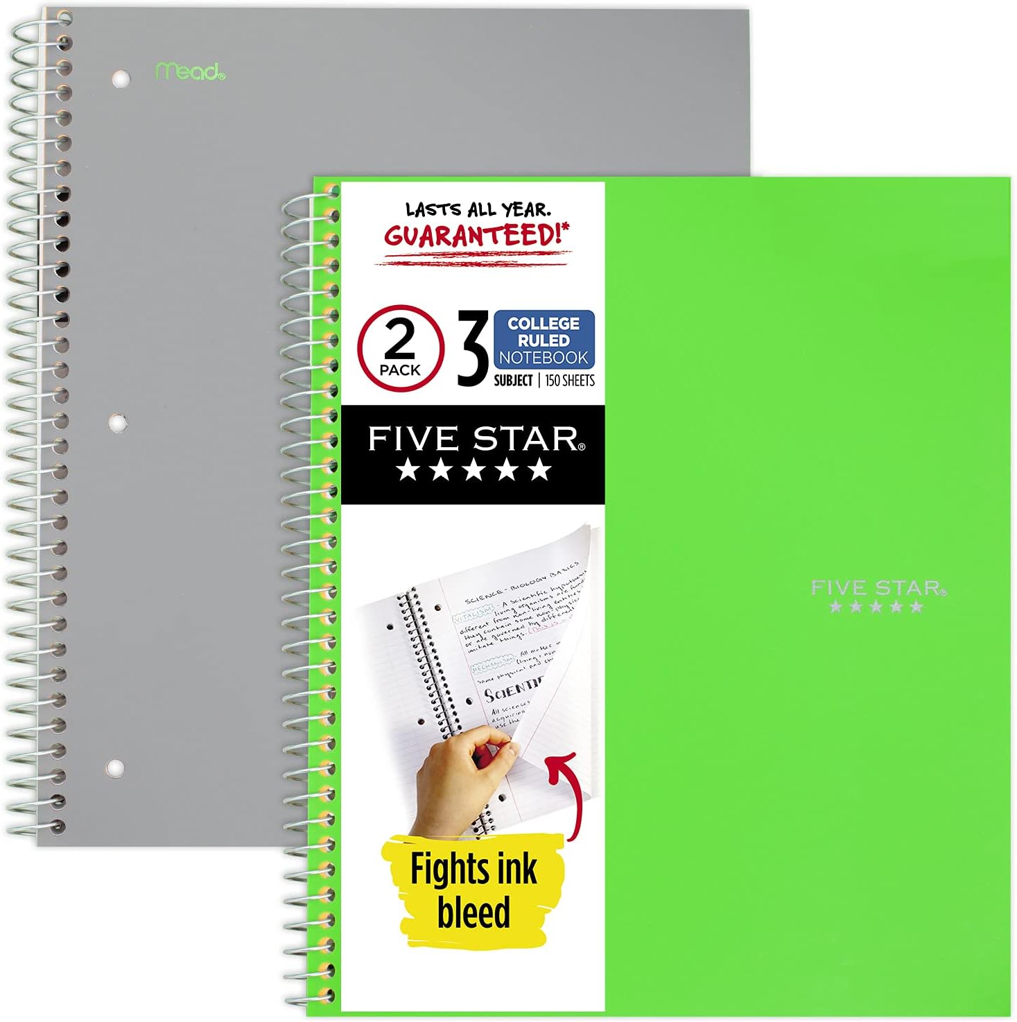 FIVE STAR Spiral Notebooks, 3 Subject, College Ruled Paper, 150 Sheets, 27.9 cm x 21.6 cm, Gray, Lime, 2 Pack (38819)
