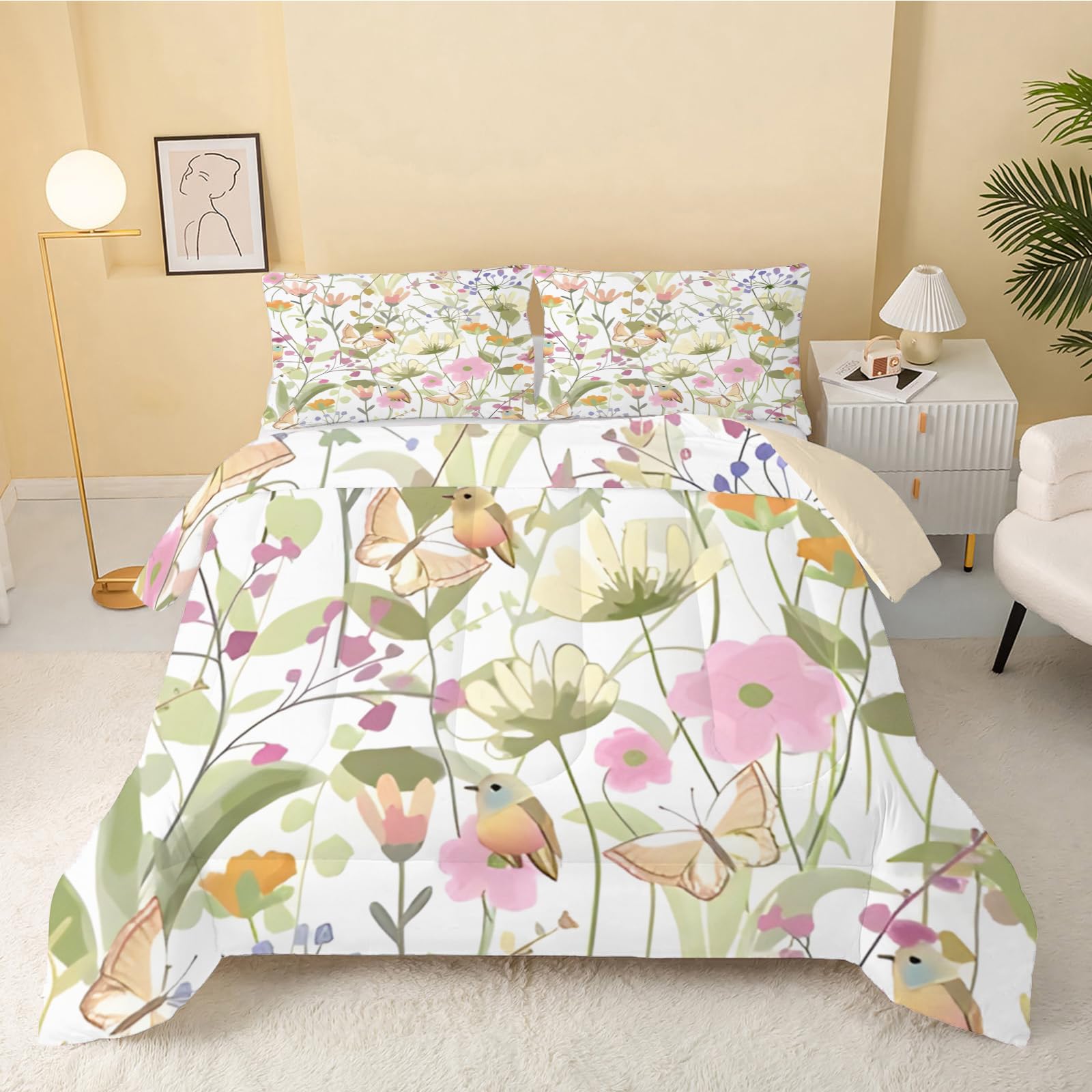 dyausi Floral Duvet, Coverless Duvet Single Duvet 7.5 Tog, Reversible Watercolor Plants Comeforter Set for All Season, Lightweight Machine Washable Single Quilt 135x200, Yellow