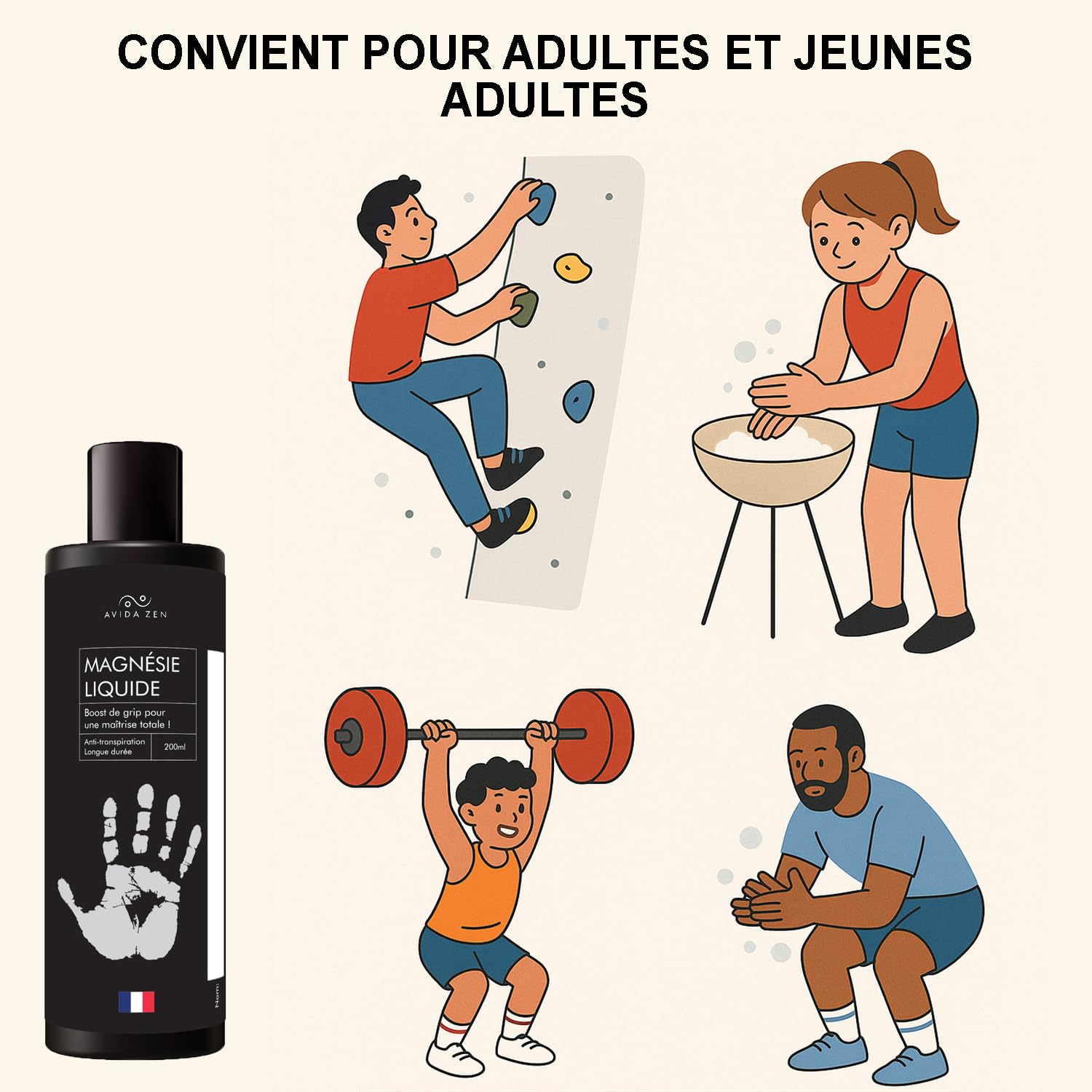 AVIDA ZEN Magnésie Liquide 200ml – Liquid Chalk pour Escalade, Padel, Gymnastique, Crossfit, Musculation, Tennis