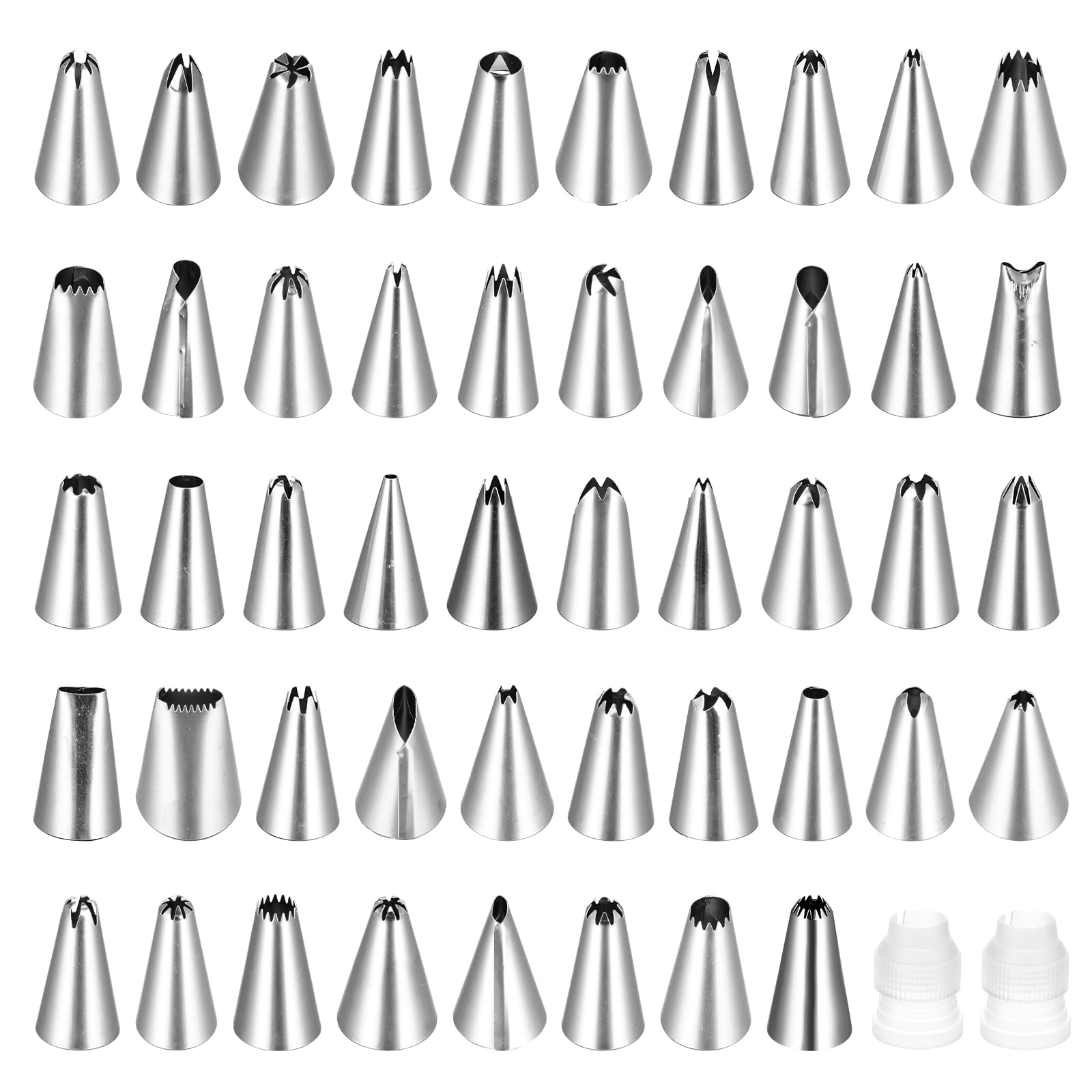 Oruola 50Pcs Cake Tips for Decorating, 48 Different Patterns Stainless Steel Cake Decorating Tips and 2 Reusable Plastic Coupler for Cake & Cupcake Cookies Decorating, Cake Piping Tips Set