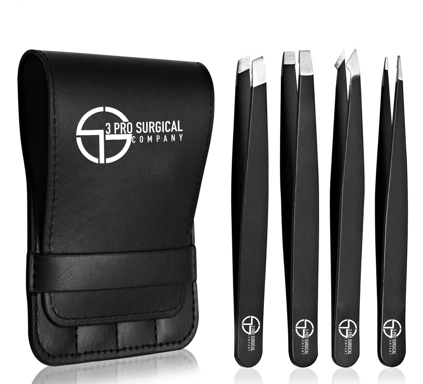 3Pro Surgical Tweezers Set with Travel Case, Great Precision 4 Pieces Professional Anti-rust Alloy Tweezers for Women & Men, Multi-purpose as Eyebrows Facial Hair Ingrown Hair Removal Tweezer