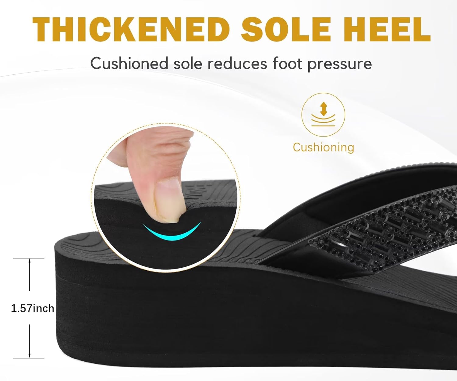 KuaiLu Womens Dressy Rhinestone Platform Flip Flops Trendy Comfortable Arch Support Cushion Walking Bling Thong Sandals Ladies Memory Foam Wedge Orthotic Plantar Fasciitis Summer Pool Beach Black 9 - Image 3