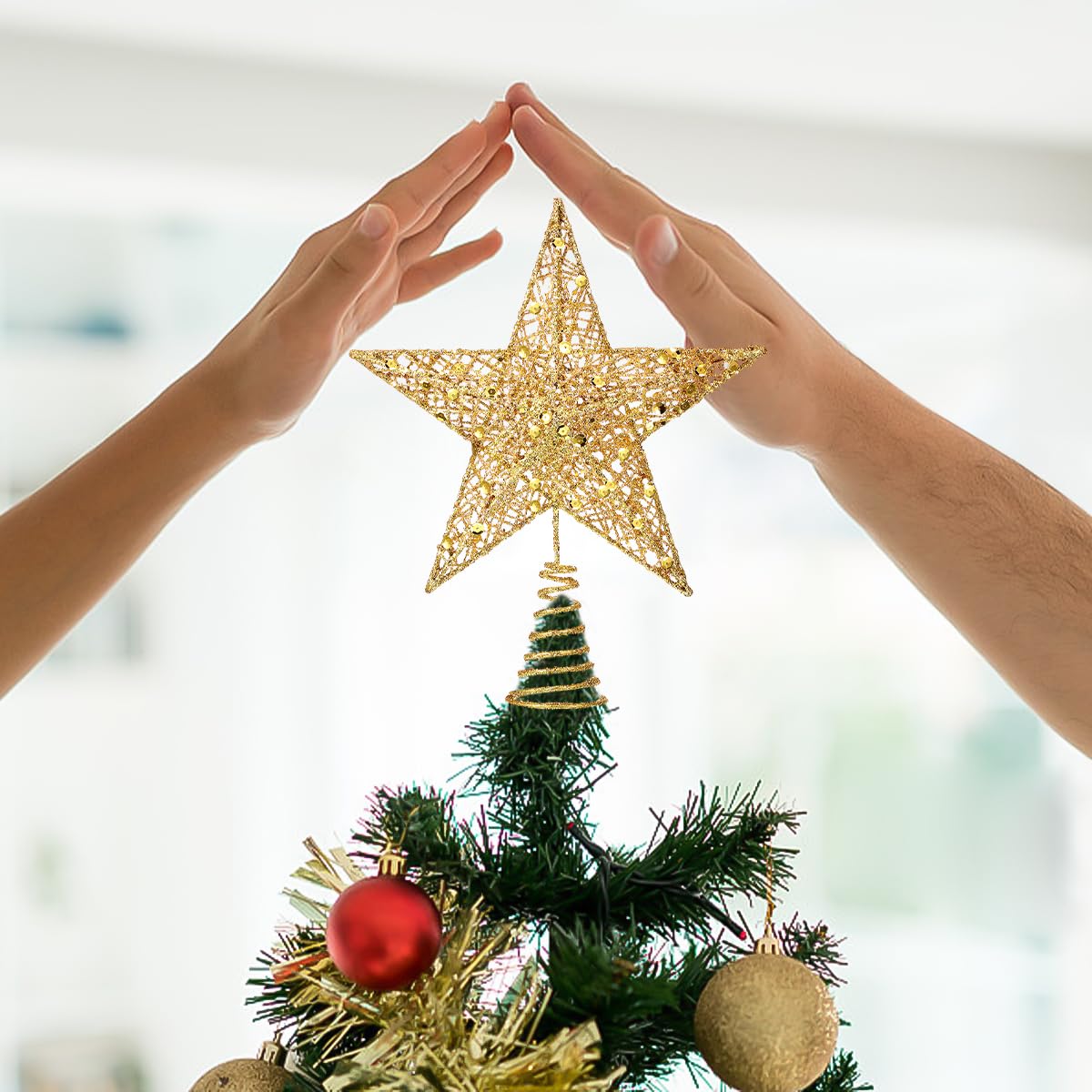 Estrella arbol Navidad, Oro, Adorno de Punta para hogar del Centro Comercial de La Fiesta (Dorado 25X20 Cm)