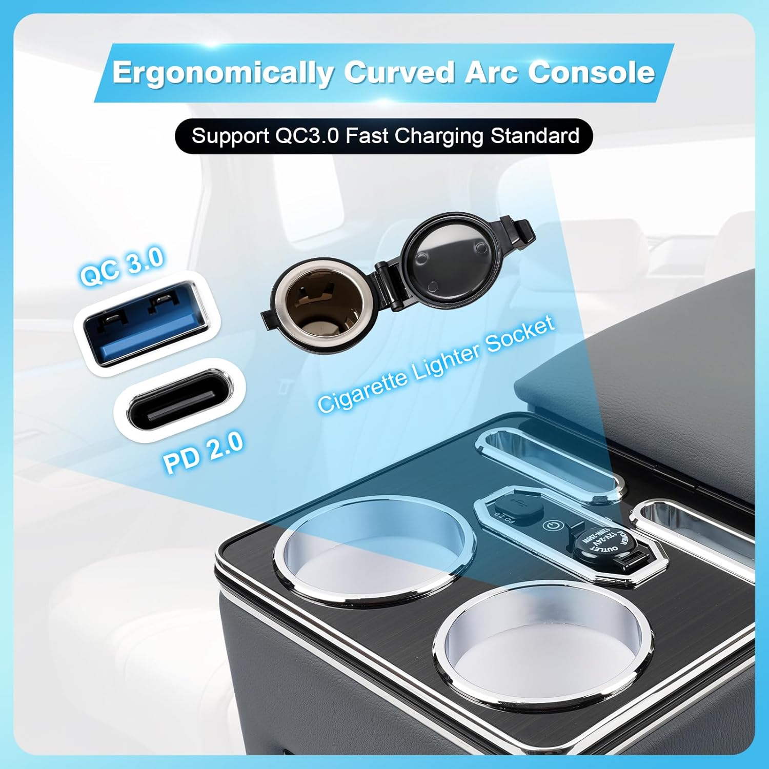 center console, universal bench seat center console with fast phone charging? back seat car organizer, automotive center console with cup holder & phone holder (gray)