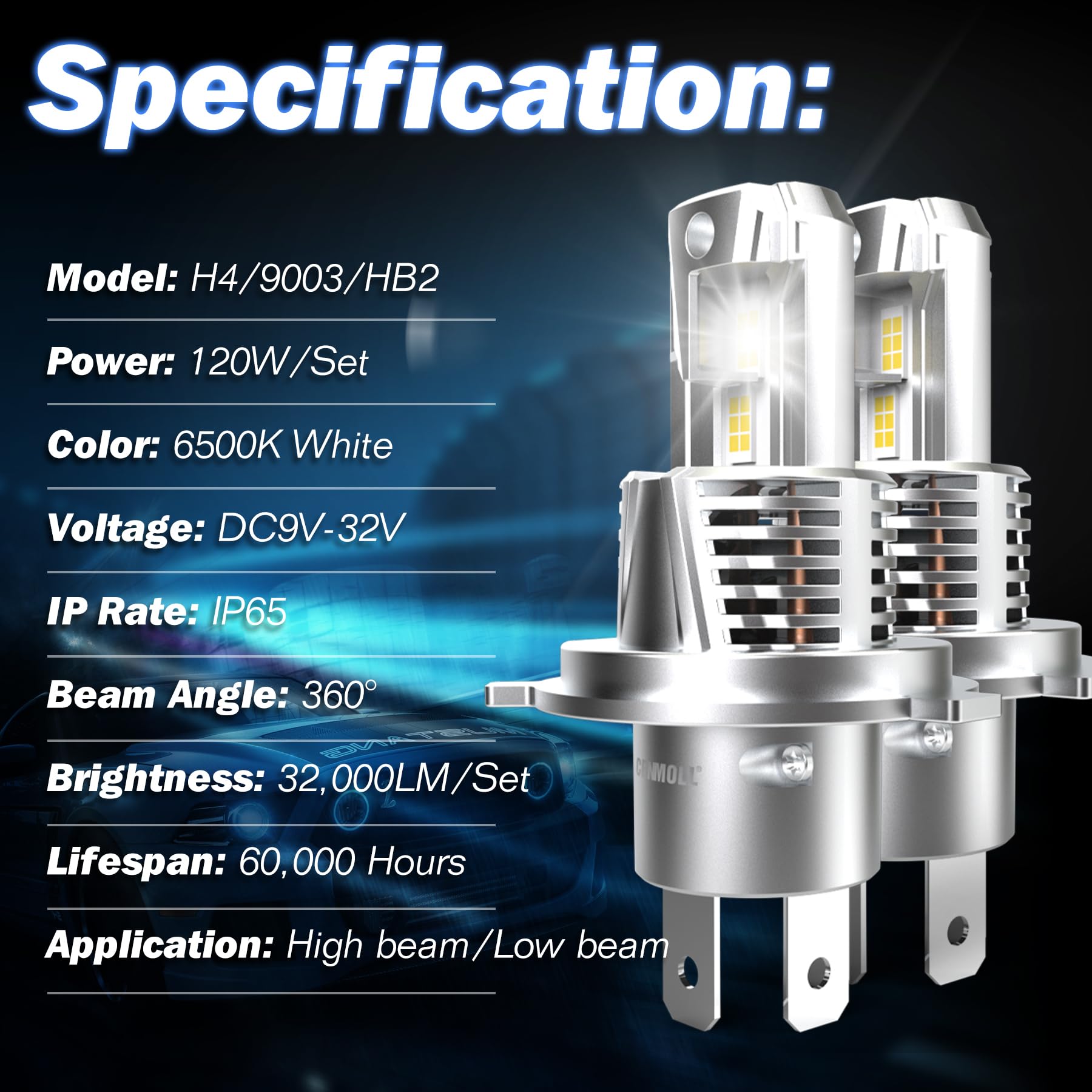 Lampadine H4 Led Auto, 120 W, 32.000 Lm, 6.500 K (Bianco Freddo) 600% Più Luminosa, 12 V / 24 V Lampadine Led H4 9003 HB2 Senza Errori CAN-Bus Impermeabile IP65 Sostituzione Alogena, 2 Pz