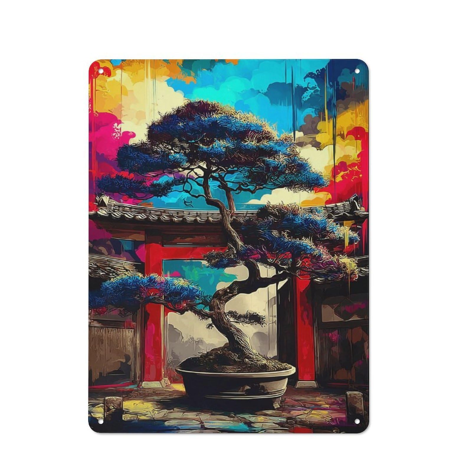 Junmoney Colorful Bonsai In Traditional Setting Vintage Tin Sign 40X30cm For Guest Room Or Hallway, Suited To Home Decor Collectors
