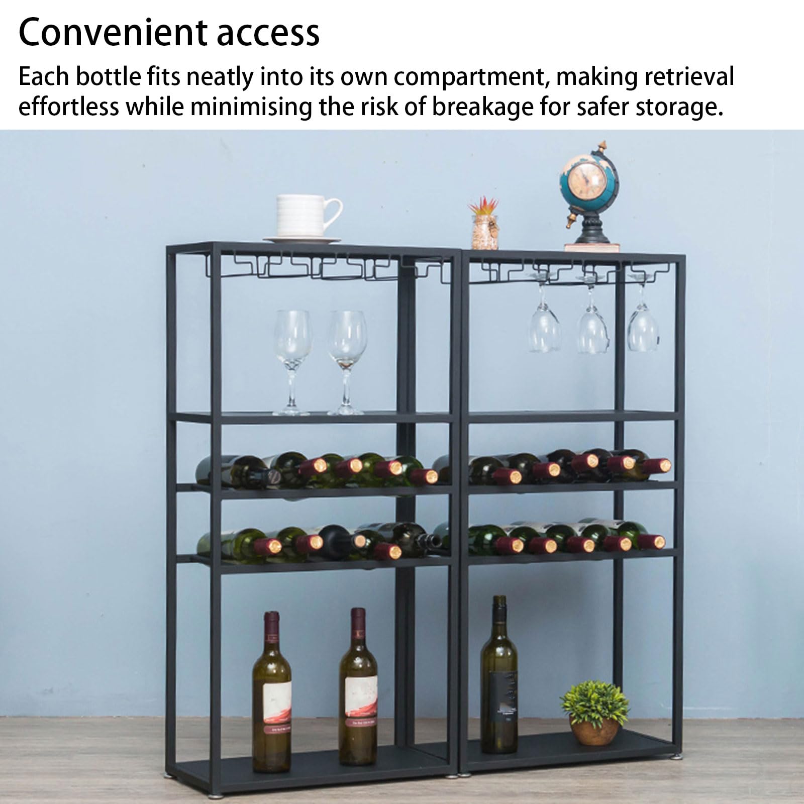Armoire de bar avec supports de verre à 3 niveaux, grand espace de rangement pour vin et liqueur, organisateur de garde-manger de cuisine à domicile, station de boissons élégante