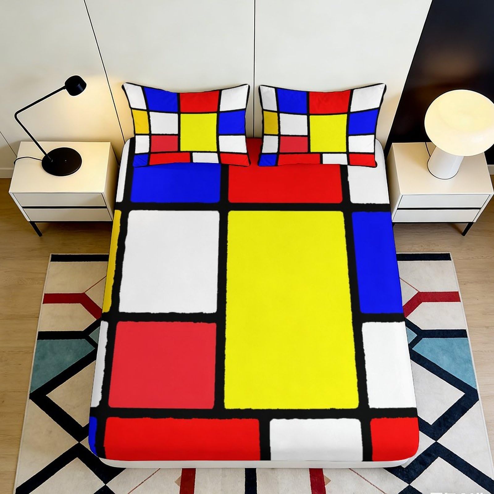 Jqzkxnhpbr Style-2 3D Printed Mondrian Style Fitted Sheet Microfiber Color Block Mattress Cover Red Yellow Blue Modern Decor Bedroom 90X200x25cm