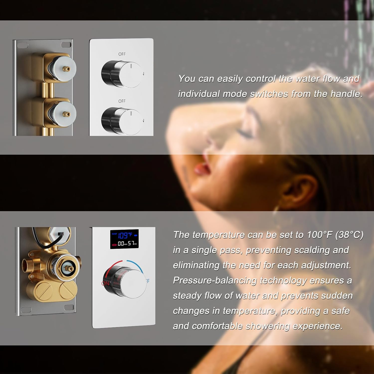 Chrome Shower Valve Mixing Flow Control Faucet Valve with Temperature Display Function, 5 Function, Concealed Mount