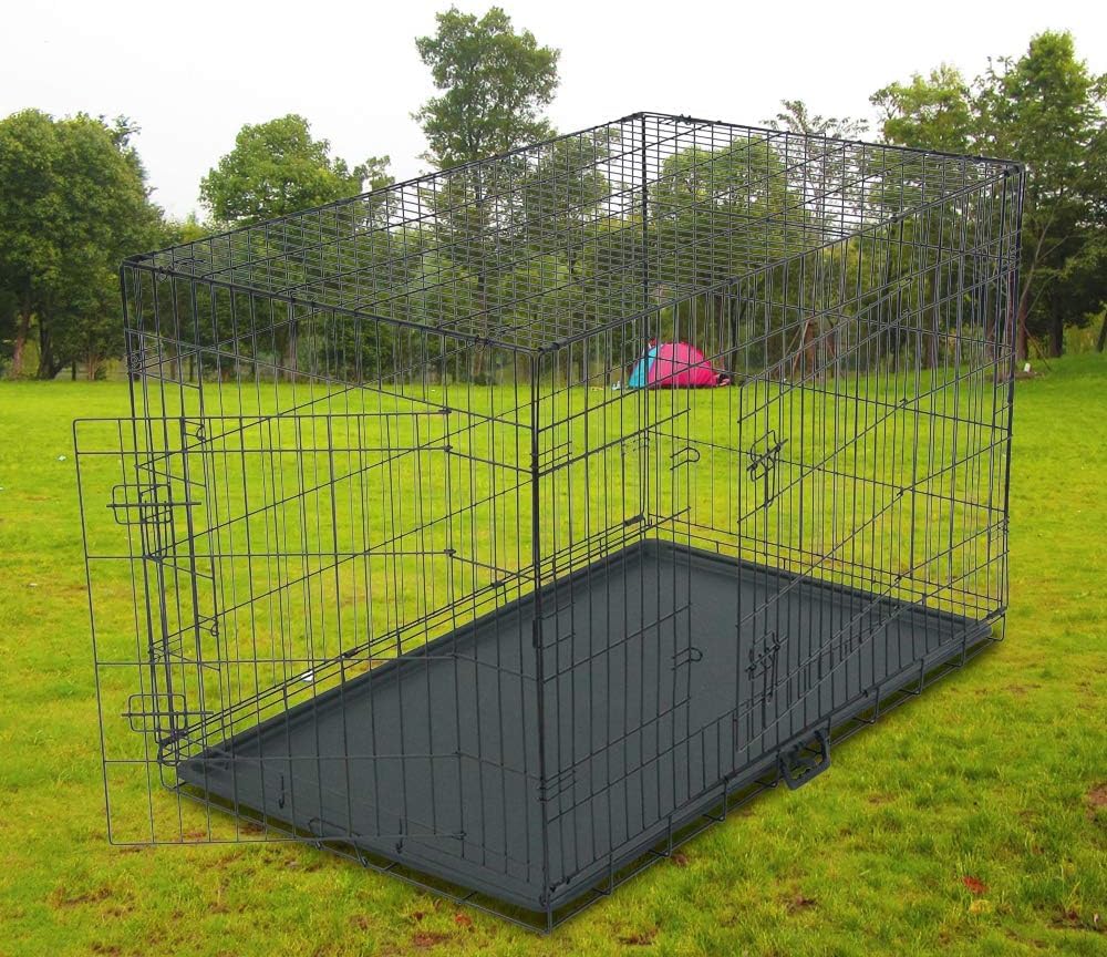 LEADZM Cage Chien Pliable, Chenil pour Chien avec Cloison, bac en Plastique et 2 Portes, XXXL (121 x 74 x 81 cm), Cage de Transport Chien, Lapin, Chiot et Animaux Domestique, en Metal, Noir