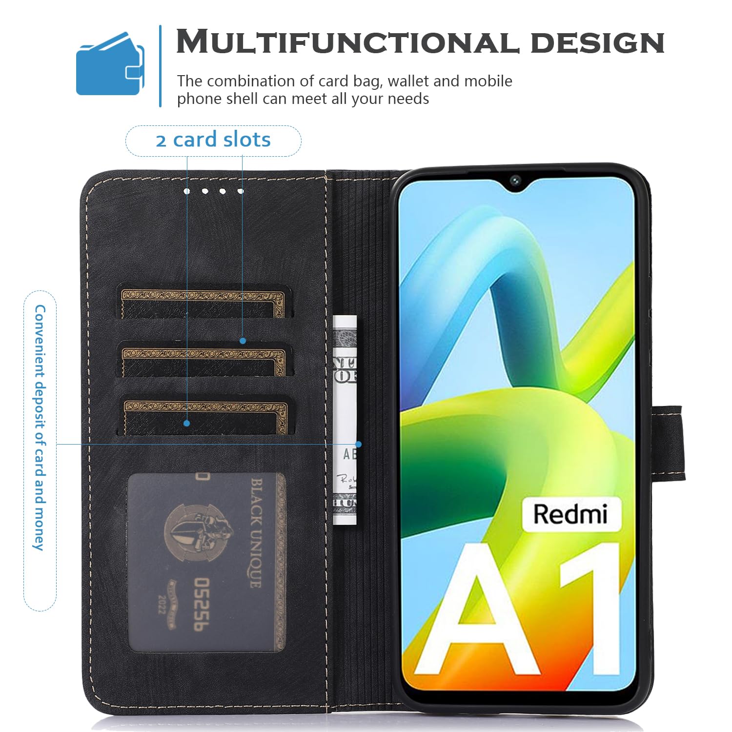 BAIDIYU Cover per Xiaomi Redmi A2 Plus, Funzione Cavalletto, Custodia a Portafoglio in Pelle PU di Lusso Flip Folio Cover, Slot per Carte, Cover per Xiaomi Redmi A2 Plus..(Giallo