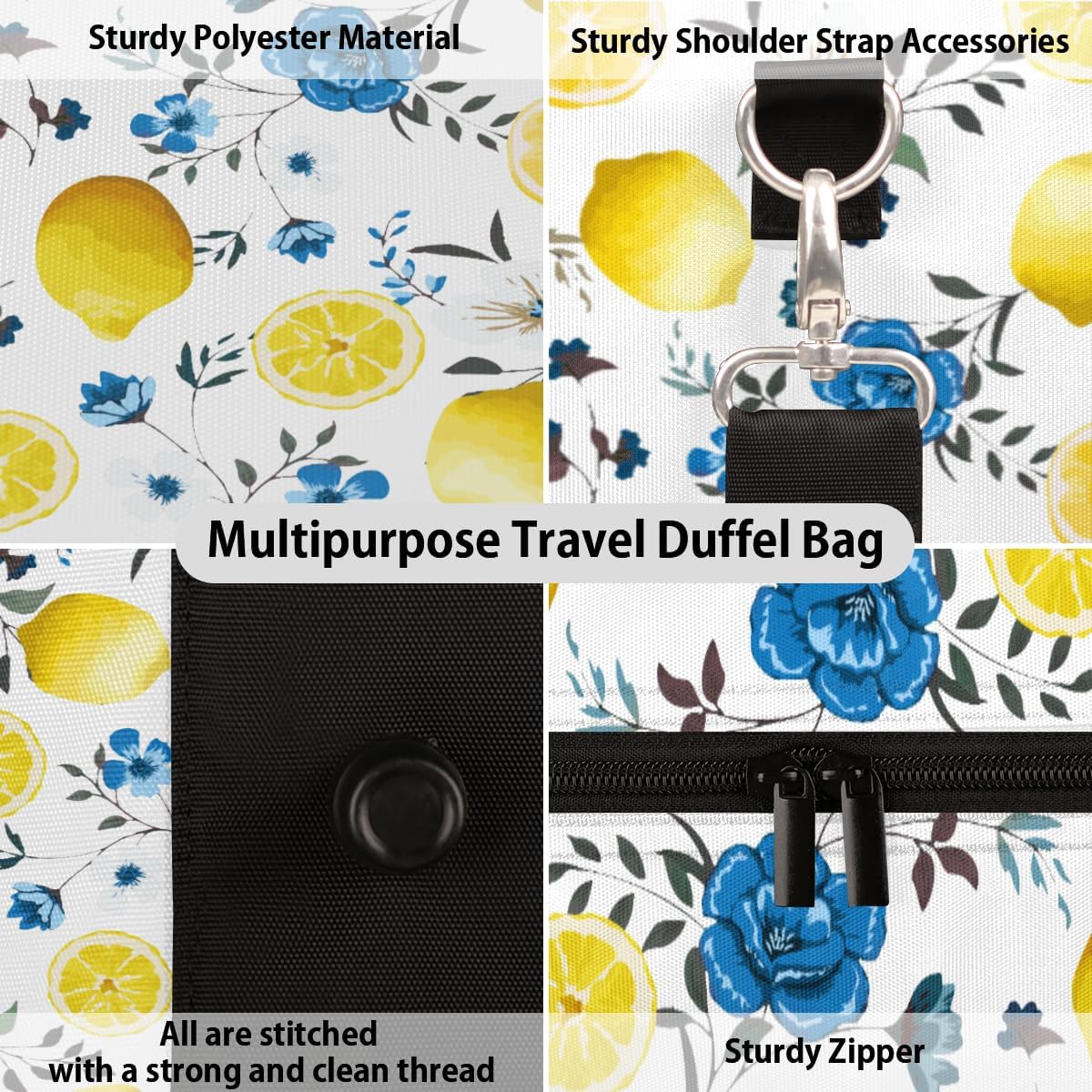 Watercolor Lemon Flowers Travel Duffel Bag for Women Men Large Capacity Overnight Weekender Bags for Lightweight Waterproof Sport Gym Bag for Workout Yoga Swim