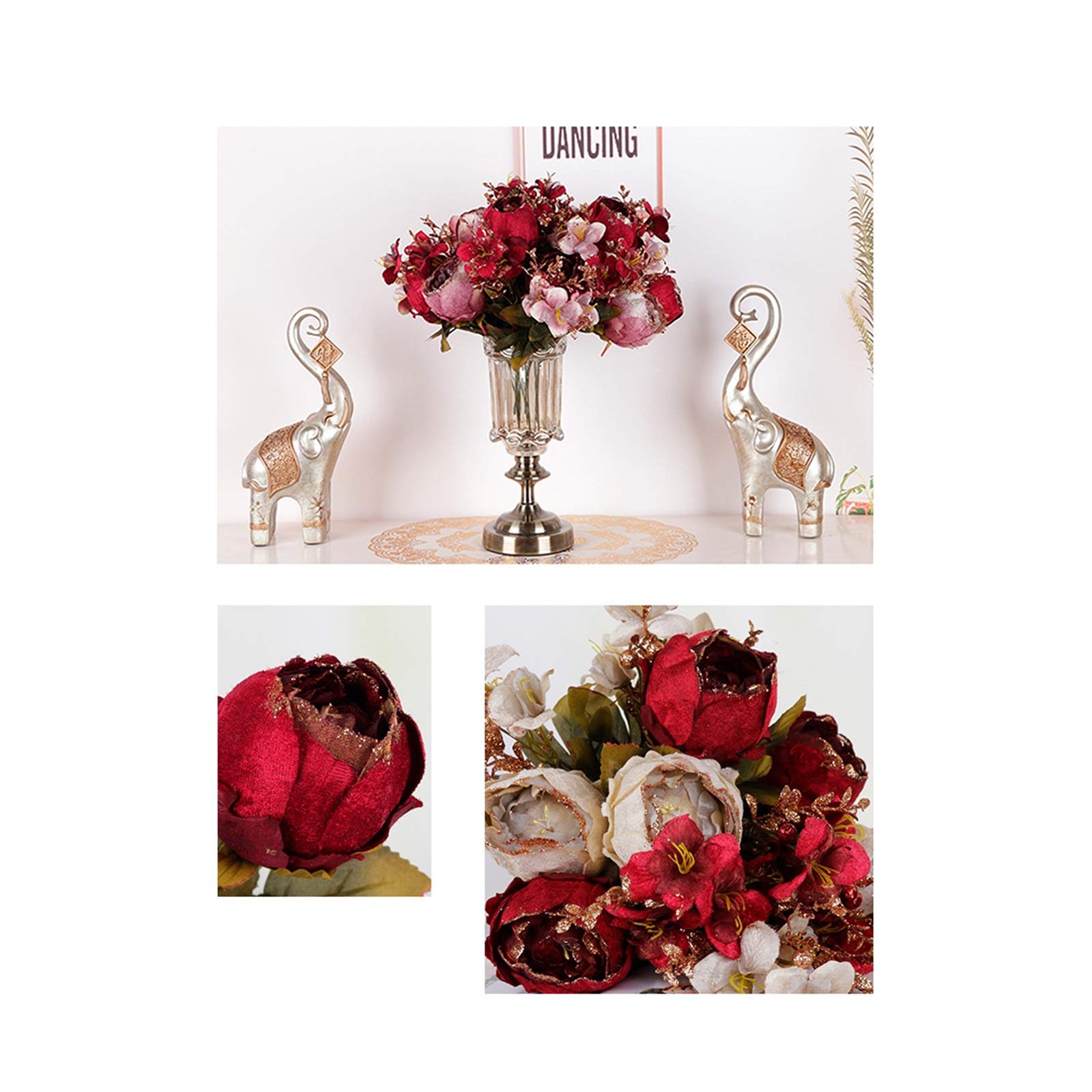 Centro De Mesa Con Flores Artificiales: Ramos De Peonías De Seda Artificial Con Jarrón De Cristal, Elegante Decoración De Peonías De Franela De Imitación Para El Hogar, La Oficina Y La Fiesta De Bodas