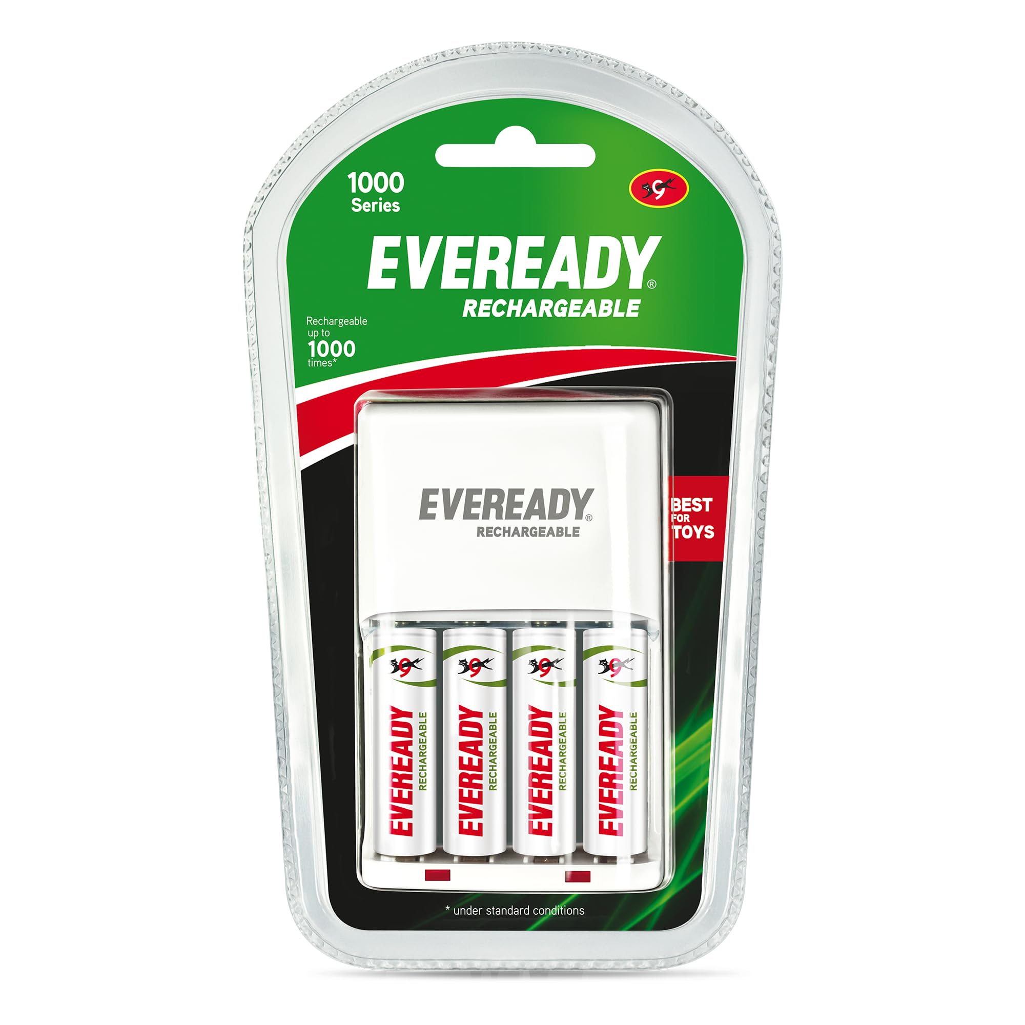 Eveready AA Rechargeable Battery & Charger | 1000 Series | Pack of 4 | Durable & Cost Effective | Low Discharge Mechanism | Ideal for High Drain Devices | 1.2V | India’s No.1 Battery Brand