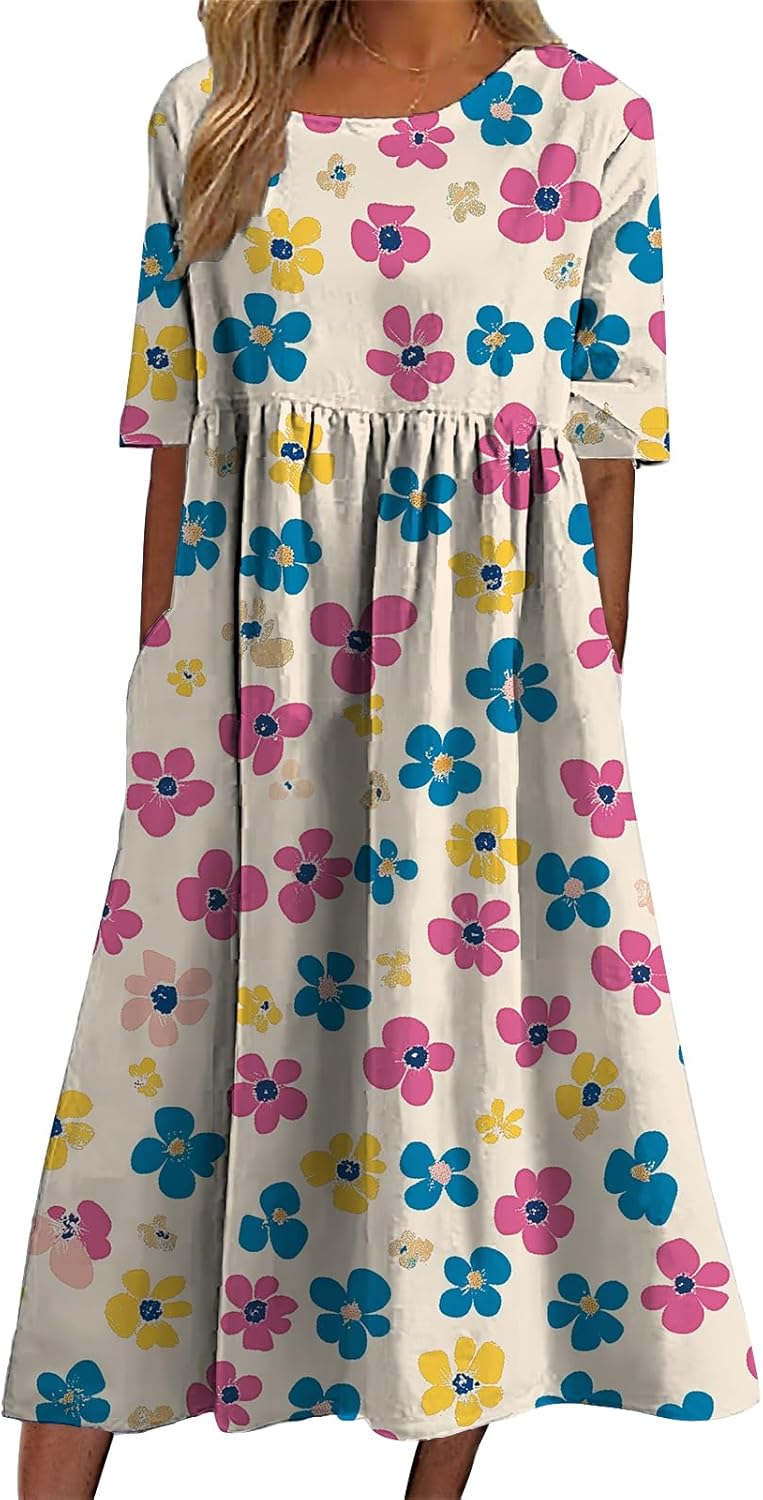 Floral Long Dress for Maternity Women Comfy Floral Printed Ankle Length Short Sleeve Summer Dresses with Pockets