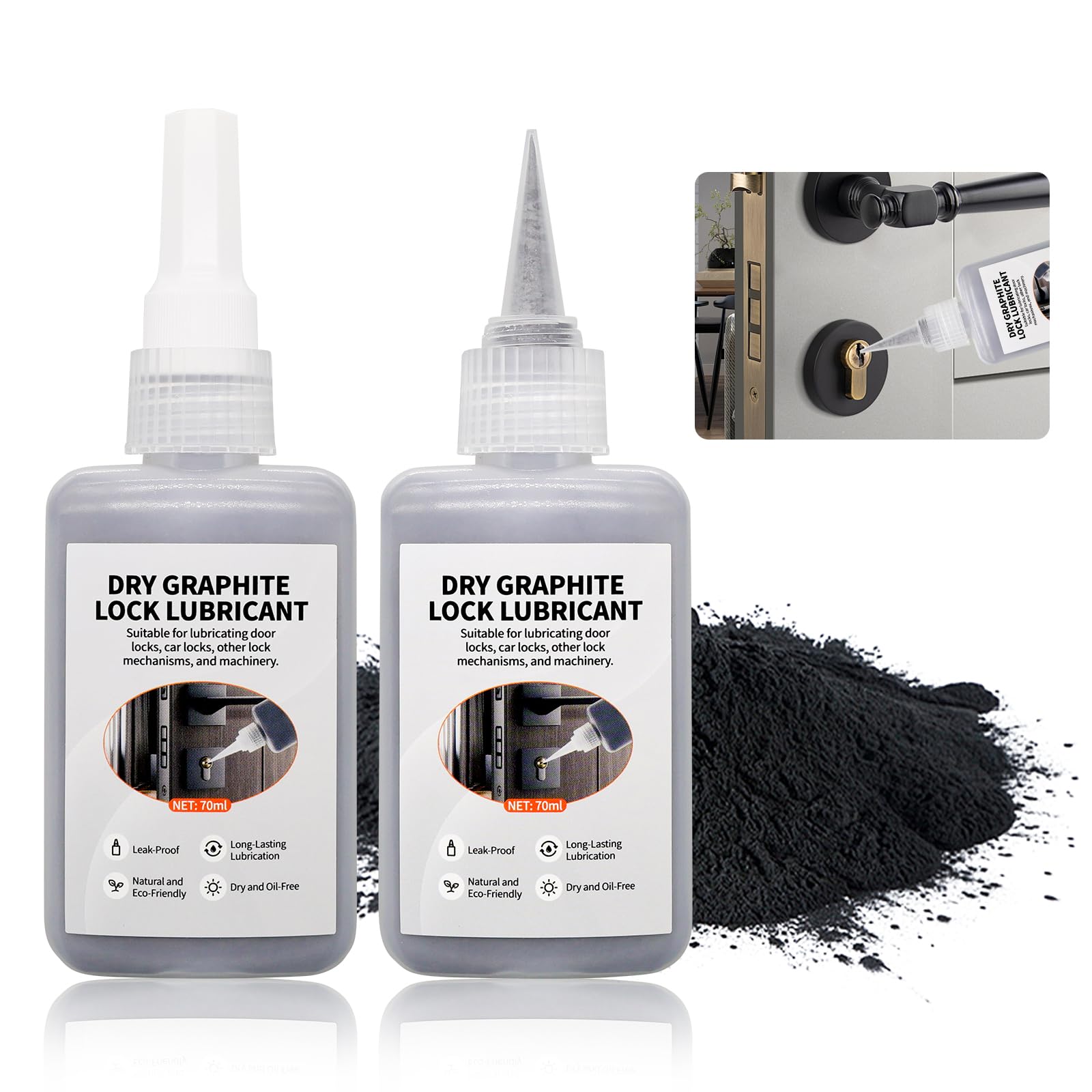 Grafite in Polvere 70ml x 2, Lubrificante alla Grafite per Serrature, Lubrificante per Serrature, Polvere di Grafite per la Lubrificazione di Serrature Porte, Serrature Auto, Cerniere Porte, Finestre