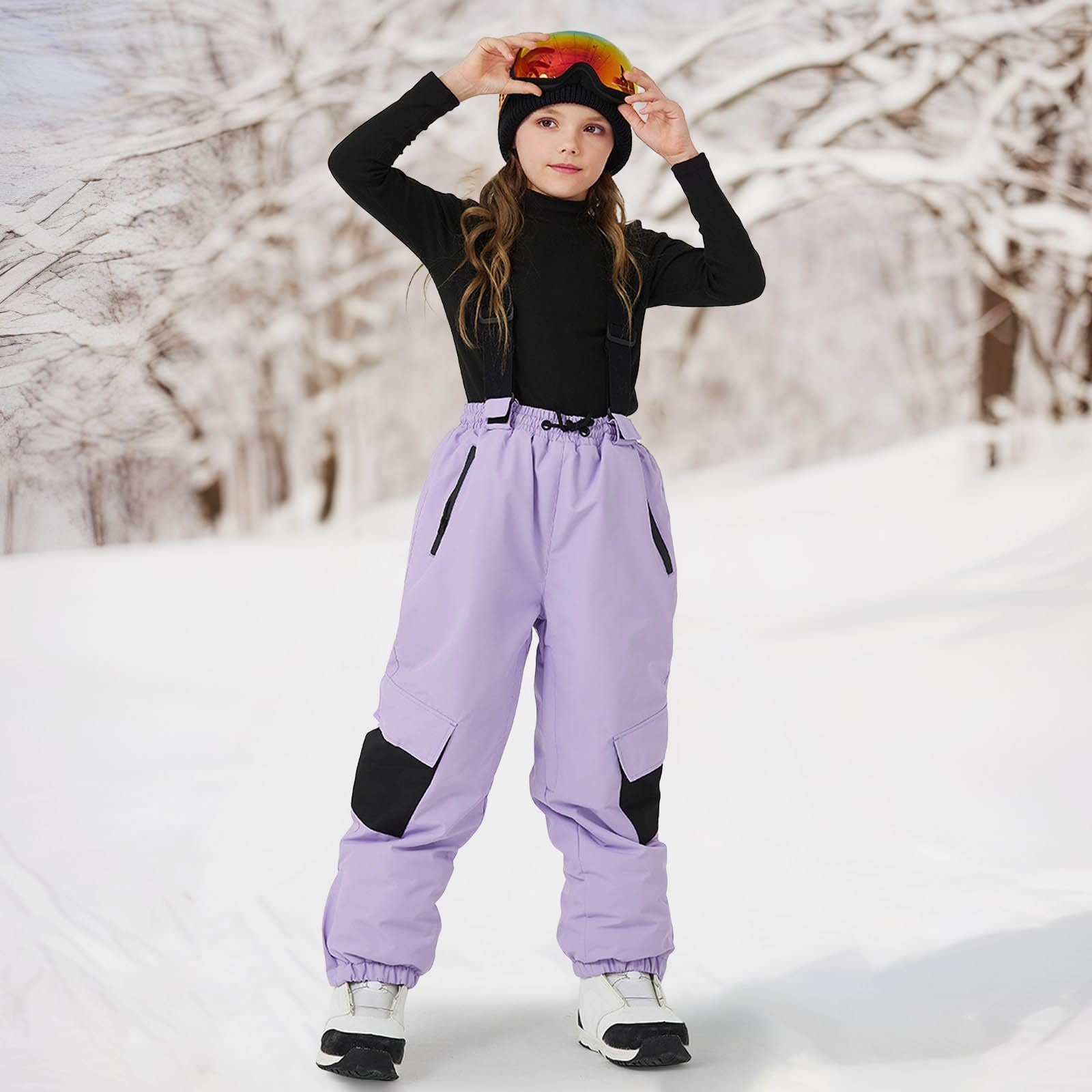 Pantaloni da sci per bambini, con calda imbottitura, con spalline, pantaloni da neve per ragazzi e ragazze, impermeabili, elastici, bretelle per snowboard, pantaloni da sci