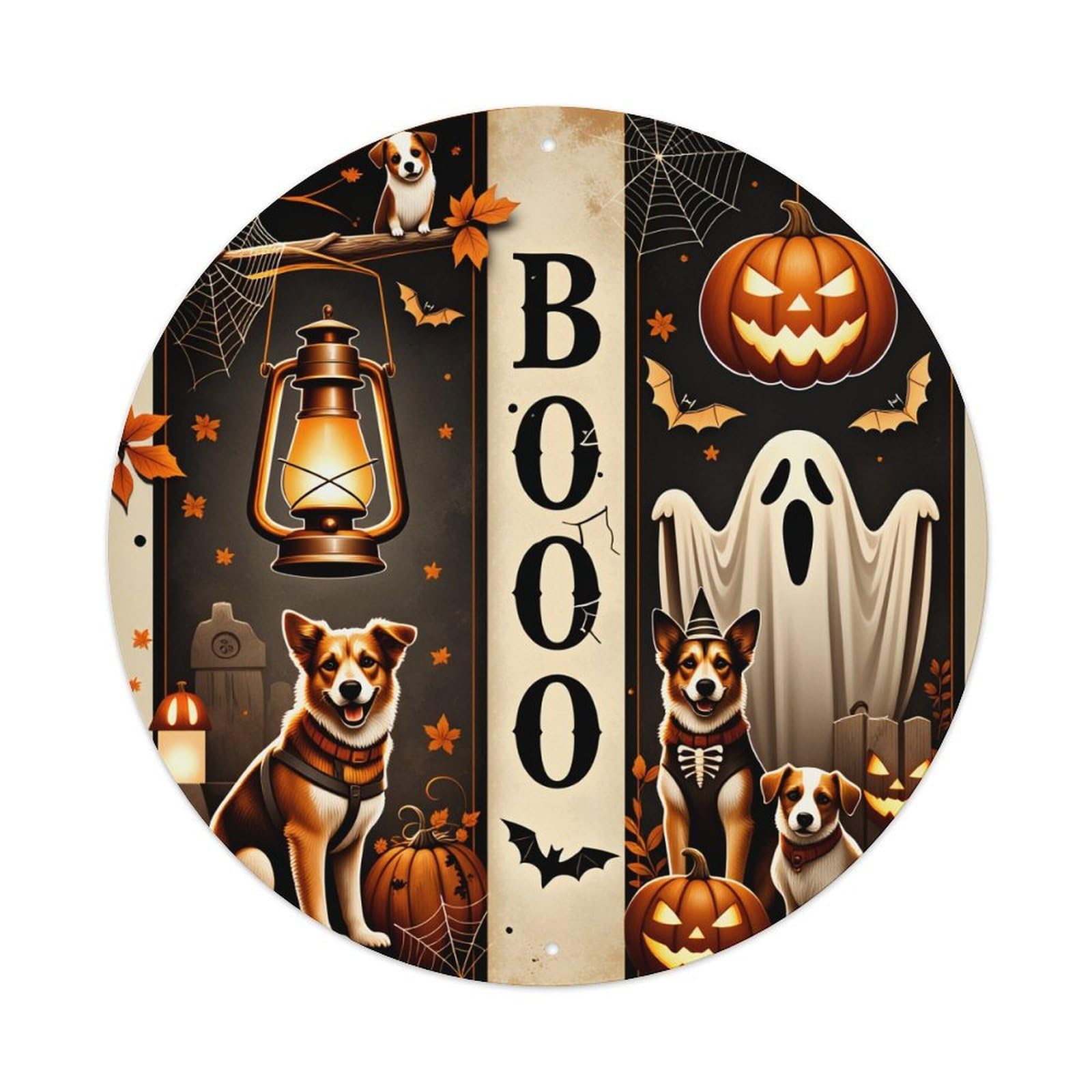 Halloween Dogs Lantern Ghost Pumpkin Metal Tin Sign Vintage Garden Bedroom Cafe Bar Man Cave Home Wall Decor Metal Poster 8x8 inches