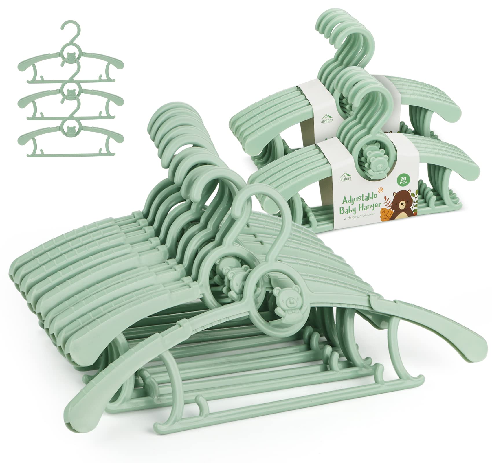 Anstore 20 Cintres en Plastique pour Enfants, 29-37cm Cintres Extensibles pour Bébé avec Crochets Empilables, Cintres Enfant pour économiser de l'espace, Antidérapants Cintres pour Vêtements (Vert)