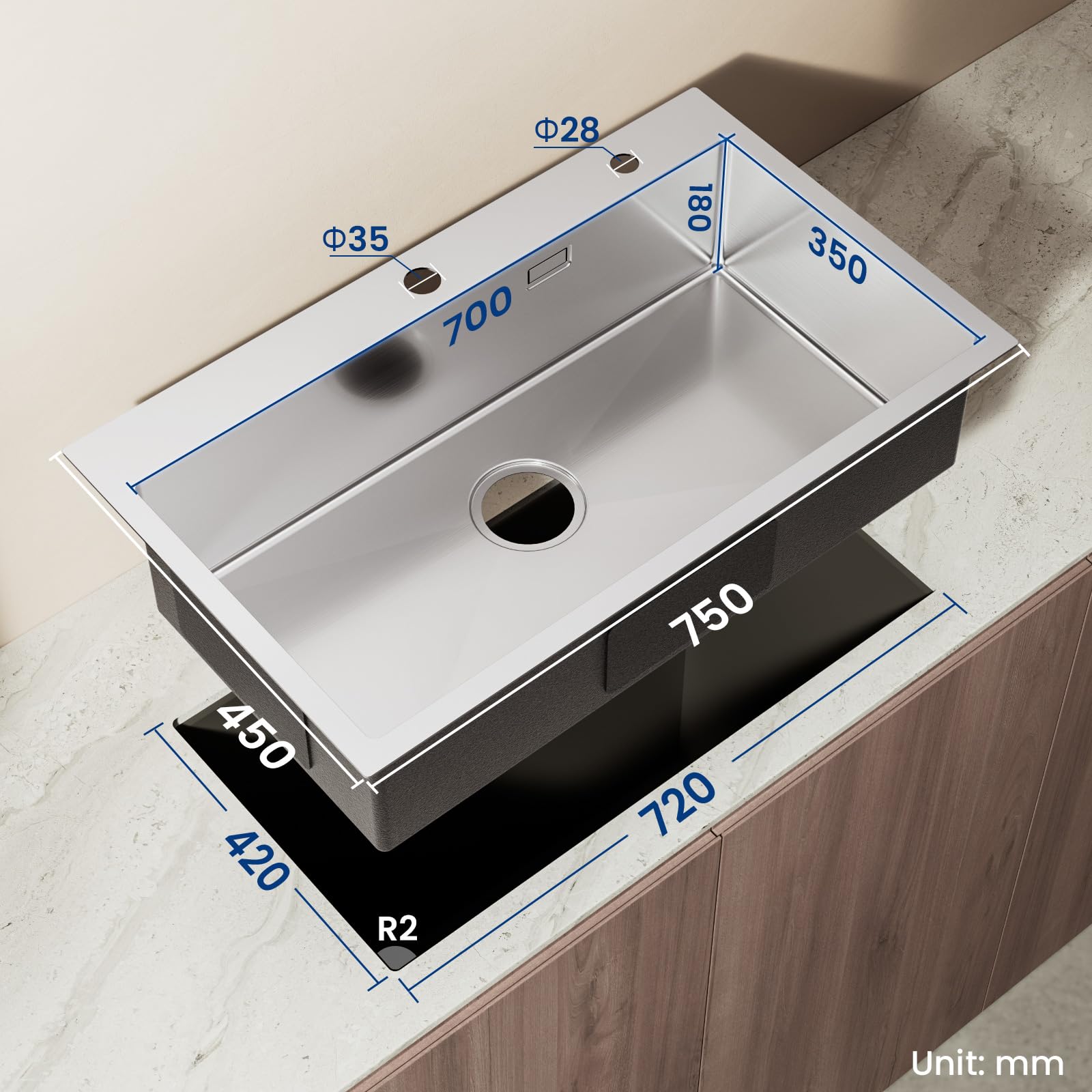 CECIPA Lavello Cucina 1 Vasca 75x45 cm, Lavandino Cucina con Tenda a Rullo Scarico, Lavello in Acciaio Inox 304 per Mobile di lunghezza 80cm con Sifone e Scarico