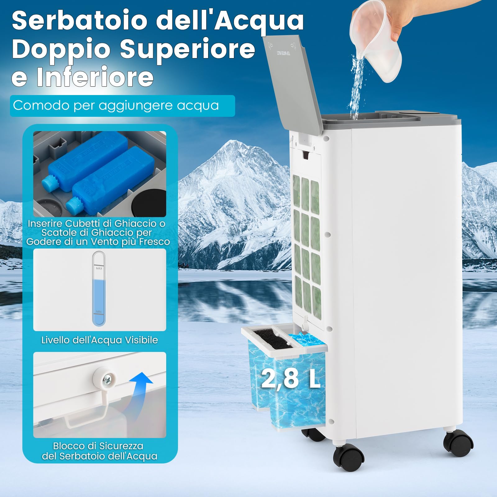 COSTWAY Condizionatore Portatile 3 in 1, Condizionatore d'aria Evaporativo portatile con Raffreddamento, Ventola e Umidificazione, 3 Velocità del Vento, 12H Timer, Doppio Serbatoio d'acqua(Grigio)