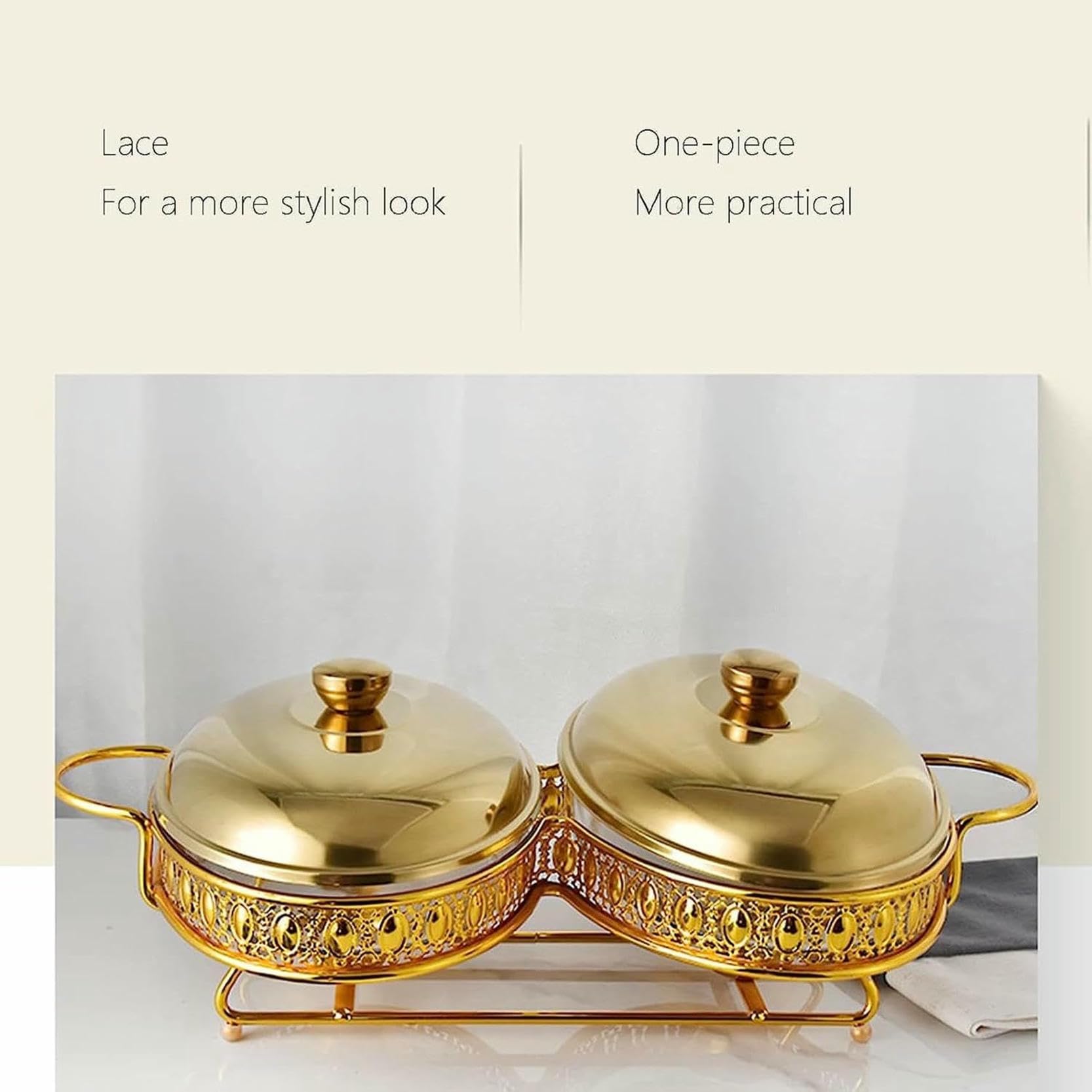 Scaldavivande, Server E Riscaldatore per Buffet, Bruciatore per Mantenere Caldi I Cibi, Set per Pentole Calde da Buffet con Coperchio in Vetro Temperato, Set per Pentole（Golden-2L）