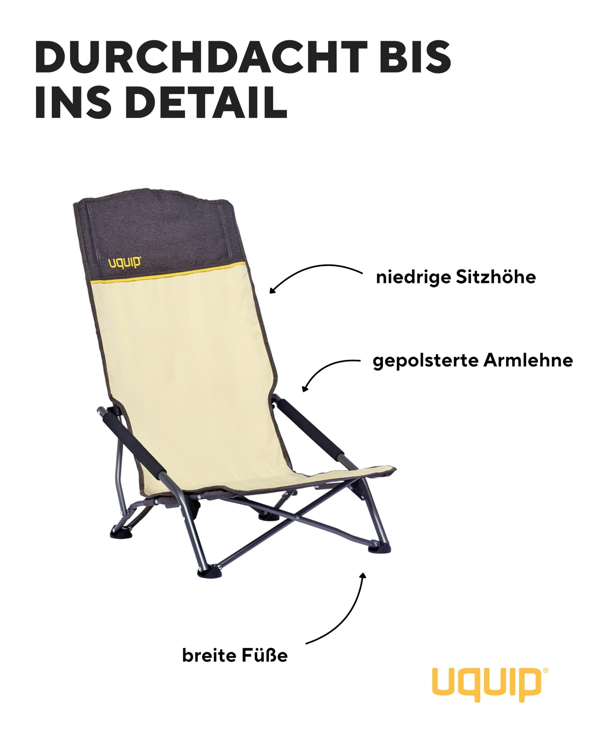 Uquip Campingstuhl Sandy XL boulder I faltbarer Strandstuhl mit 120 kg Traglast I kompakter Faltstuhl aus Stahl & Polyester I klappbarer Outdoor-Stuhl für Camping, Strand, Angeln, Garten & Festivals