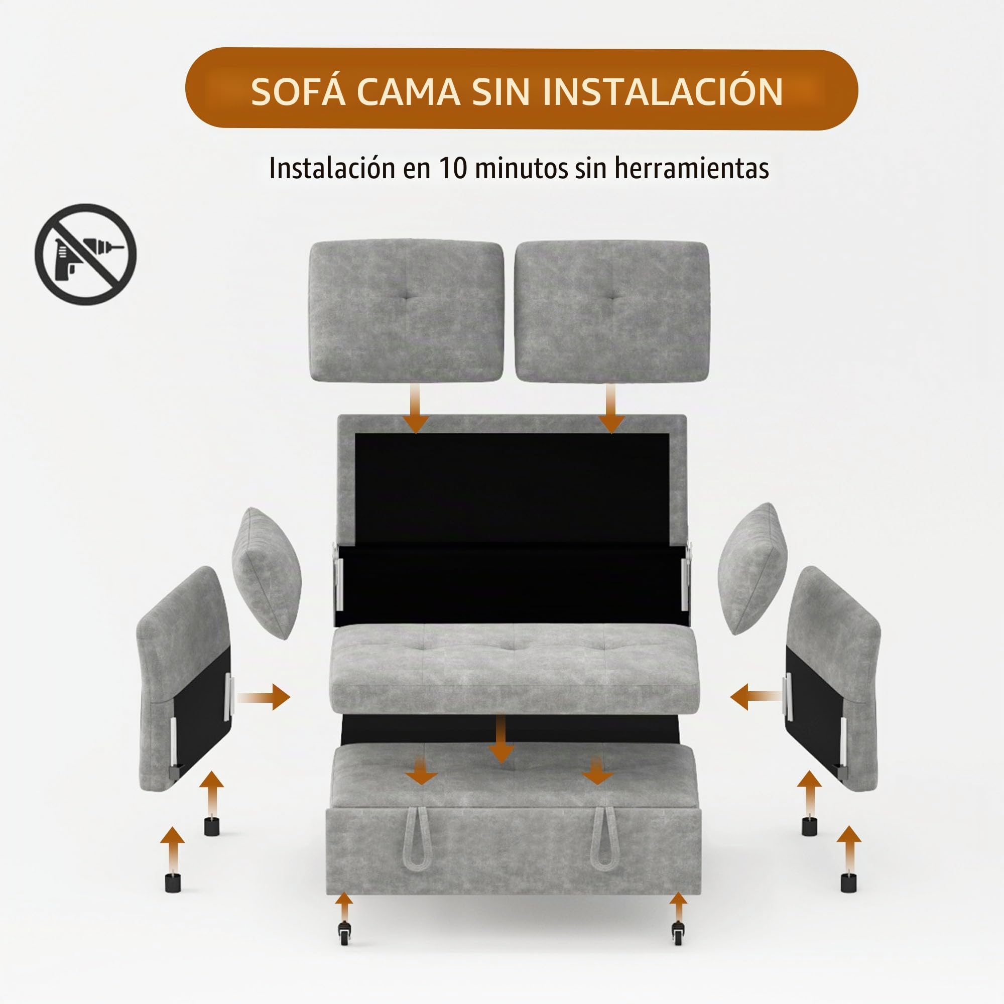 Sofá Cama 3 en 1 con Respaldo Ajustable en 5 Posiciones, sofá Cama con 2 Cojines y 2 Bolsillos Laterales, sofá de 2 plazas Gris de Lino para Dormitorio de Invitados y Espacios pequeños
