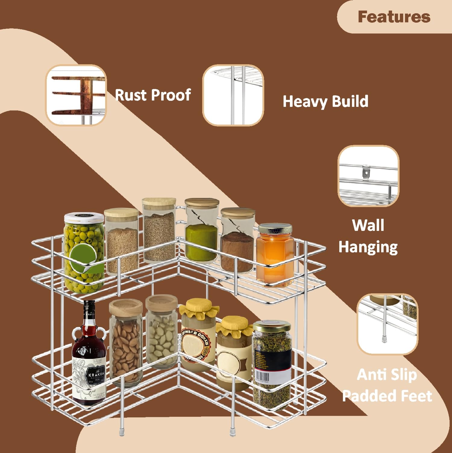 JD FRESH Stainless Steel 2 Tier Corner Kitchen Storage Spice Rack/Multipurpose Masala Stand for Kitchen/Space Saver Rack/Modular Storage Rack (Pack of 1) 1
