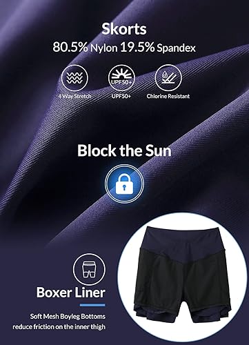 Miniatura 4 de BALEAF Falda de natación para mujer, de cintura alta, plisada, con forro tipo bóxer con bolsillos