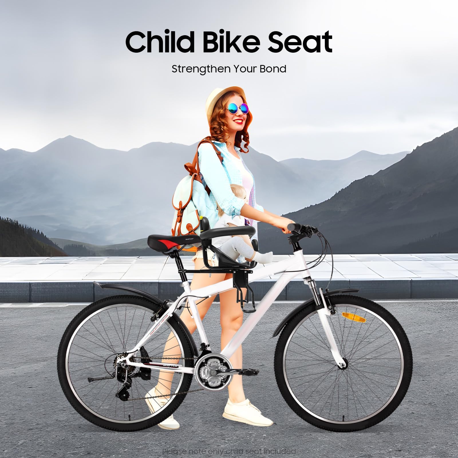 Asiento de bicicleta infantil delantero, Asiento de bicicleta ajustable para niños con pedales y respaldo de apoyo, Asiento de bicicleta para niños para bicicleta de montaña y bicicleta de