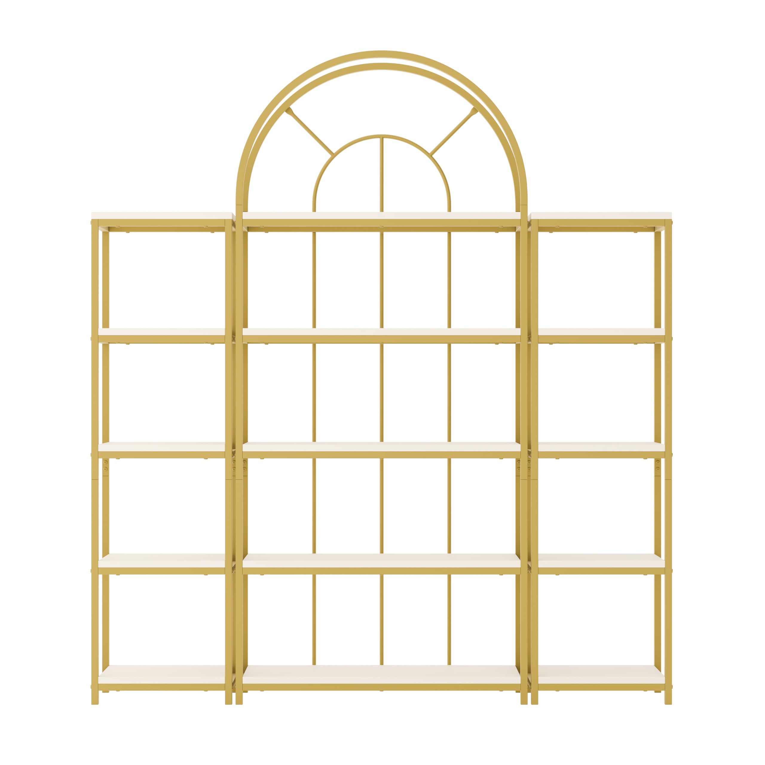REXO Set di scaffali da 163 x 30 x 184 cm, 3 scaffali modulari con telaio in metallo dorato, pavimenti in MDF bianco e design ad arco. Come scaffale per display e vetrina per soggiorno, cucina e