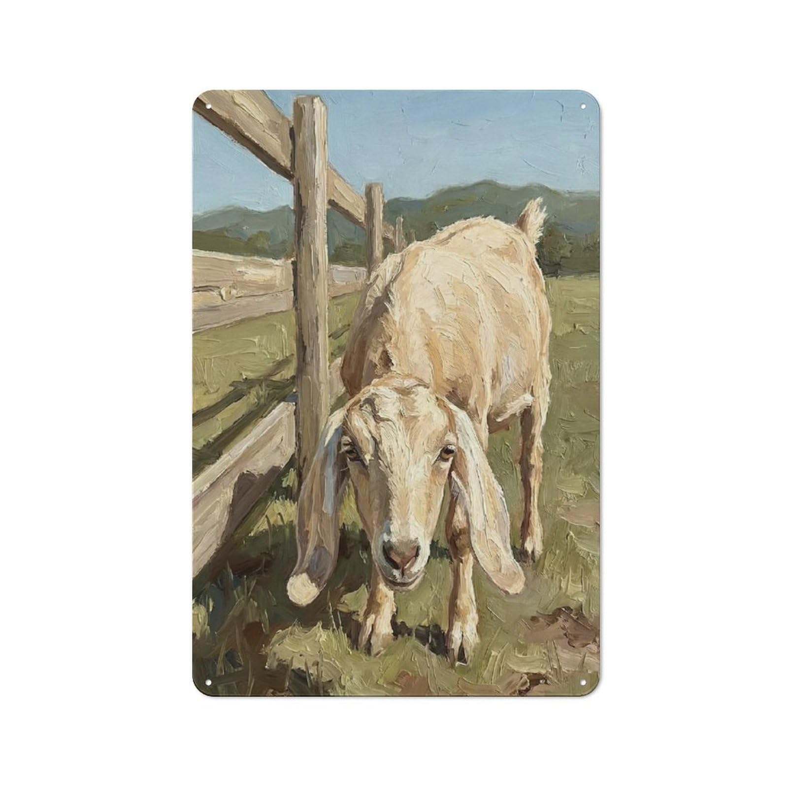 Junmoney Style-14 Goat By A Wooden Fence Decorative Tin Sign 30X20cm, Old Fashioned Vintage Wall Decor For Lounge, Study, Pub Or Wall Gallery