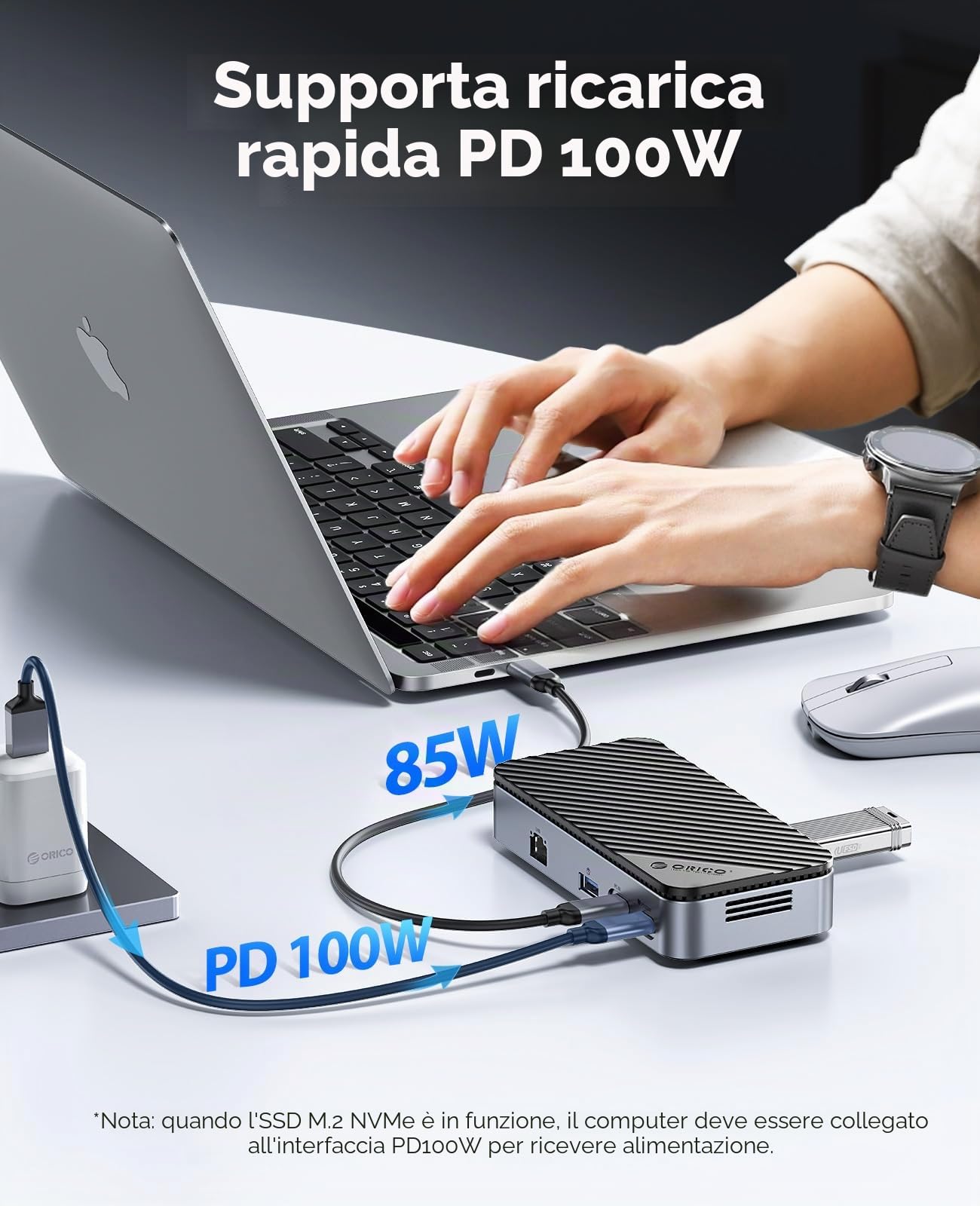 ORICO Hub USB-C 9 in 1 con Alloggiamento SSD M.2 NVMe 10 Gbps, Docking Station Senza Attrezzi con Ventola, Gigabit Ethernet, 100 W PD, SD/TF, tipo C e USB A per laptop, MacBook Mac mini -M2P7