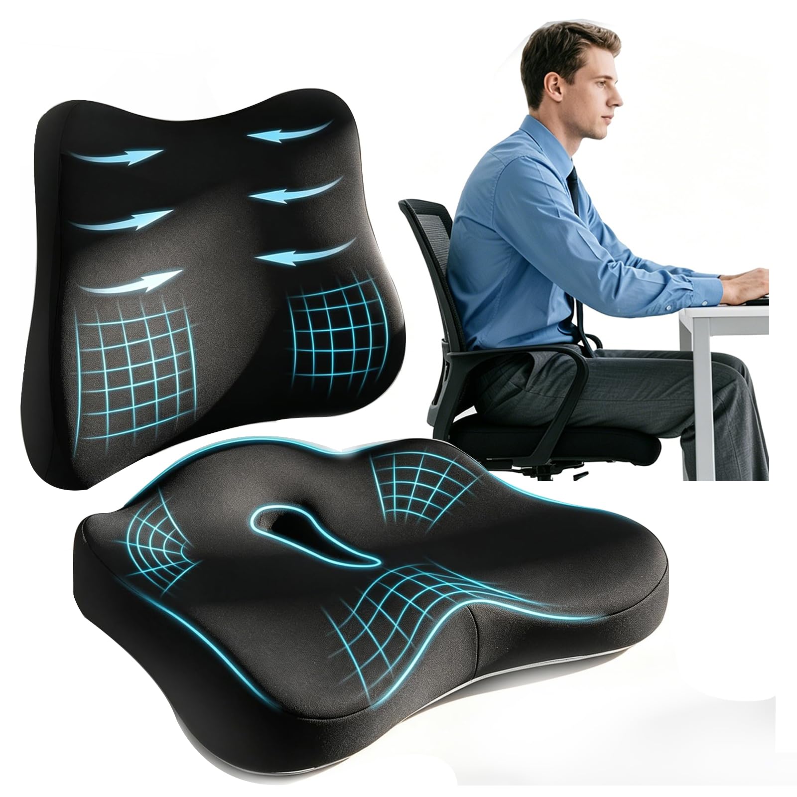 Cuscino Sedia Ufficio 2 in 1, Supporto Lombare e Seduta Cuscino Lombare Auto in Memory Foam, Ergonomico per Auto e Gaming, Allevia Dolore Coccige e Schiena, Fodera Lavabile e Base Antiscivolo