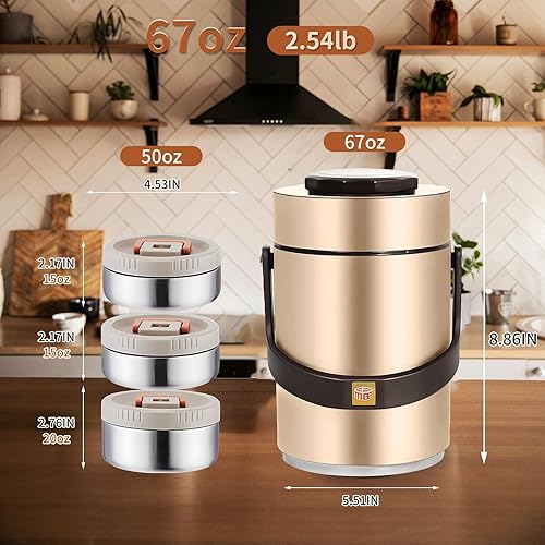 Miniatura 3 de Termo mejorado de 67 onzas para comida caliente, termo apilable de 3 capas, tarro de sopa con bolsa aislante, ideal para oficina, comidas al aire