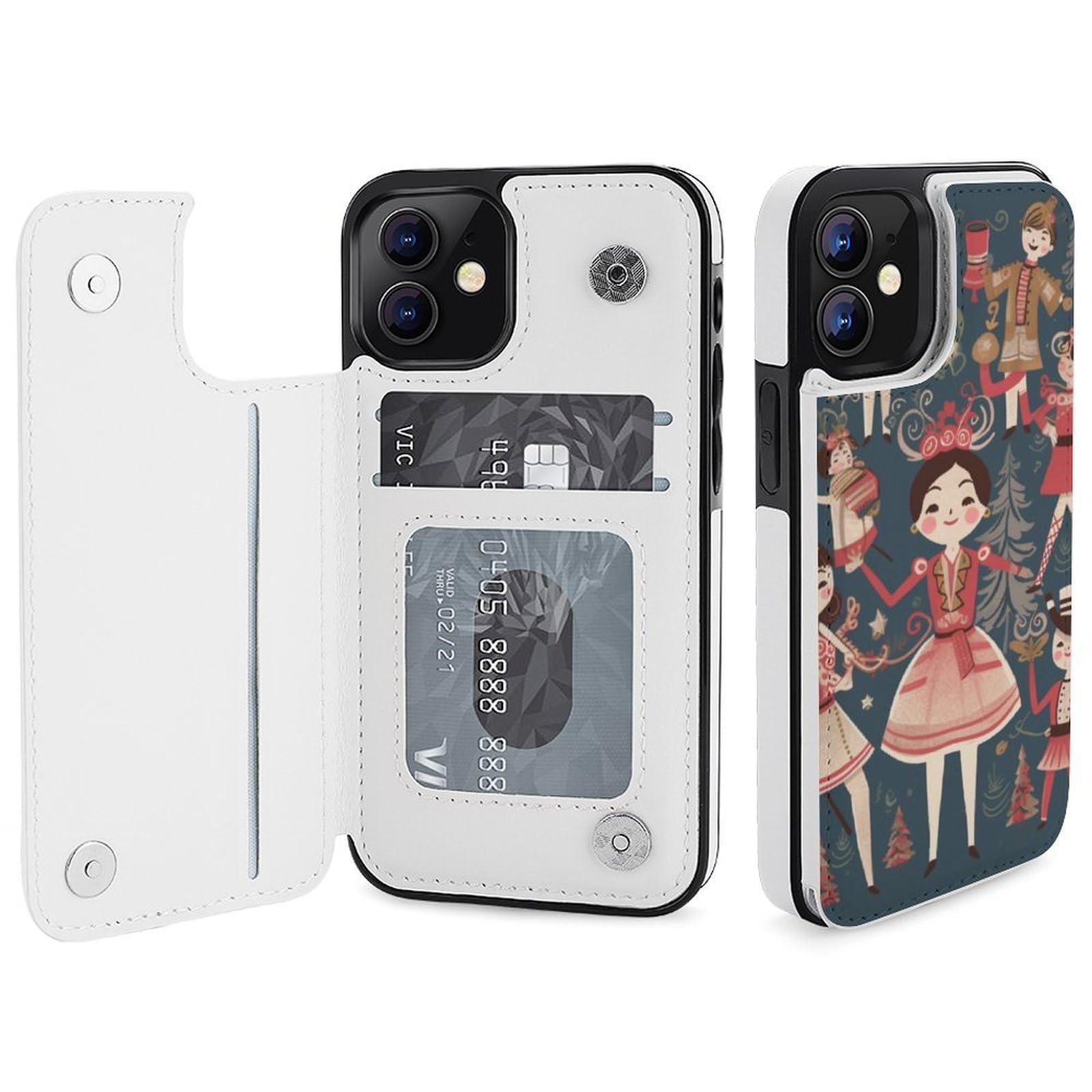 Fundas tipo cartera para iPhone 12, funda de piel con ranuras para tarjetas para mujer, cascanueces, ballet, danza, dibujos animados, estampado de dibujos animados