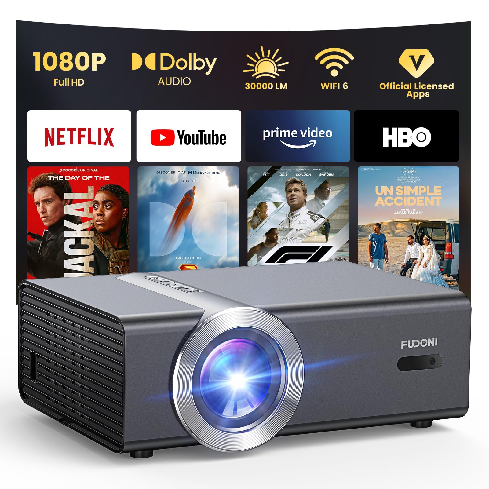 [Built-in Apps/High Brightness] Smart Projector with WiFi & Bluetooth, FUDONI 1080P Full HD Outdoor Movie Projector with Netflix/YouTube/Prime Video, Portable Proyector Compatible with HDMI/