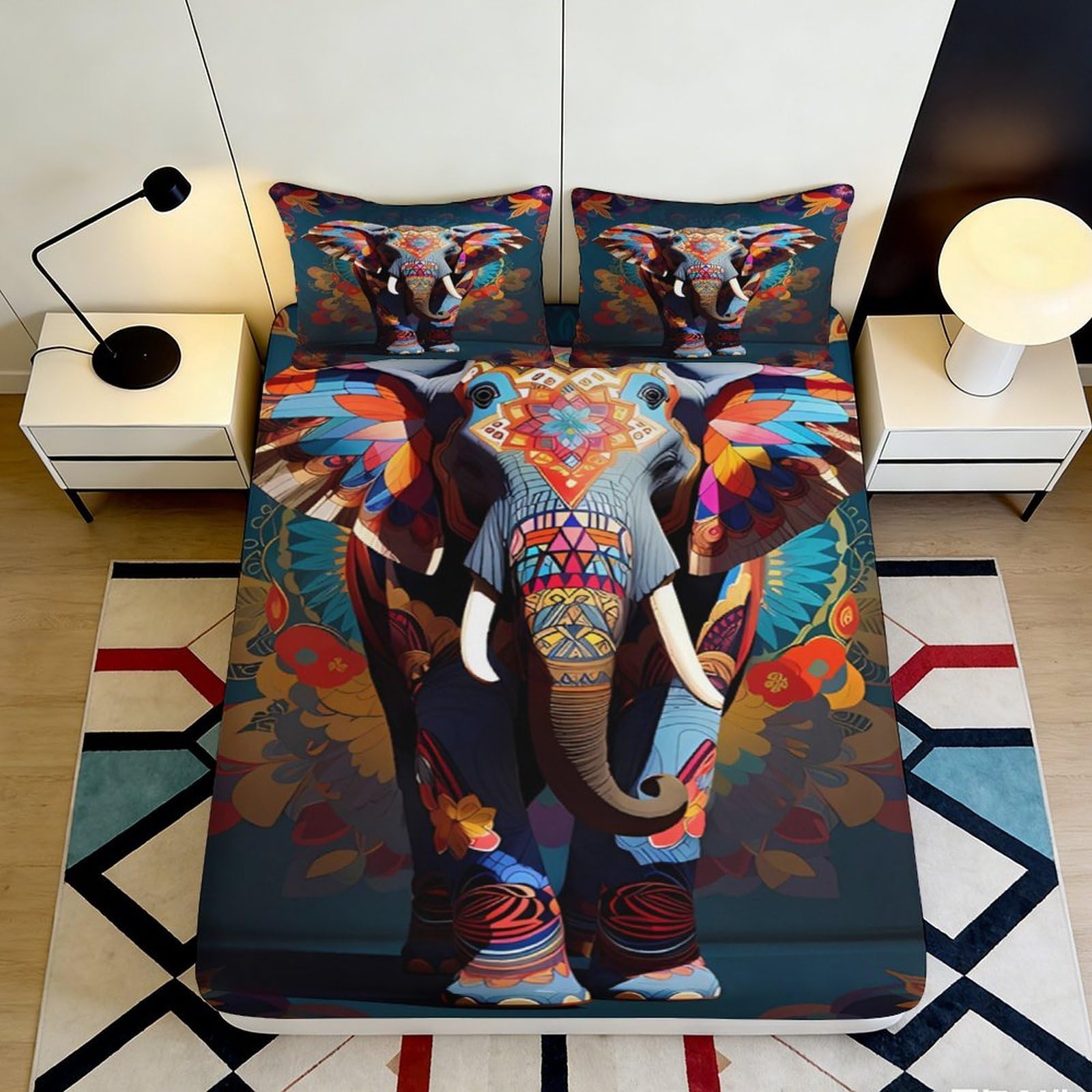 3D Printed Colorful Elephant Fitted Sheet Microfiber Soft Breathable Tribal Elephant Bed Cover for Bedroom Dormitory Guest Room Mattress Protection 200x200x25cm