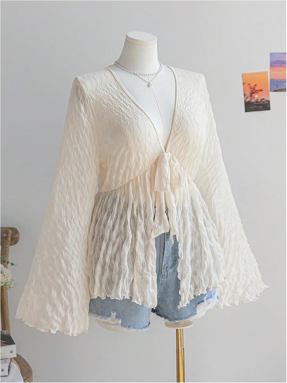 GORGLITTER Women's Plus Size Mesh Bell Sleeve Top 70s Tie Front Paisley Boho Peplum Babydoll Tops Blouse