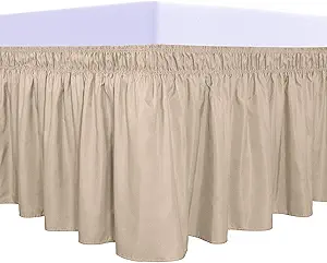 PureFit Wrap Around Ruffled Bed Skirt with Adjustable Elastic Belt - 14 Inch Drop Easy to Put On, Wrinkle Free Bedskirt Dust Ruffles, Bed Frame Cover for Twin, Twin XL and Full Size Beds, Beige