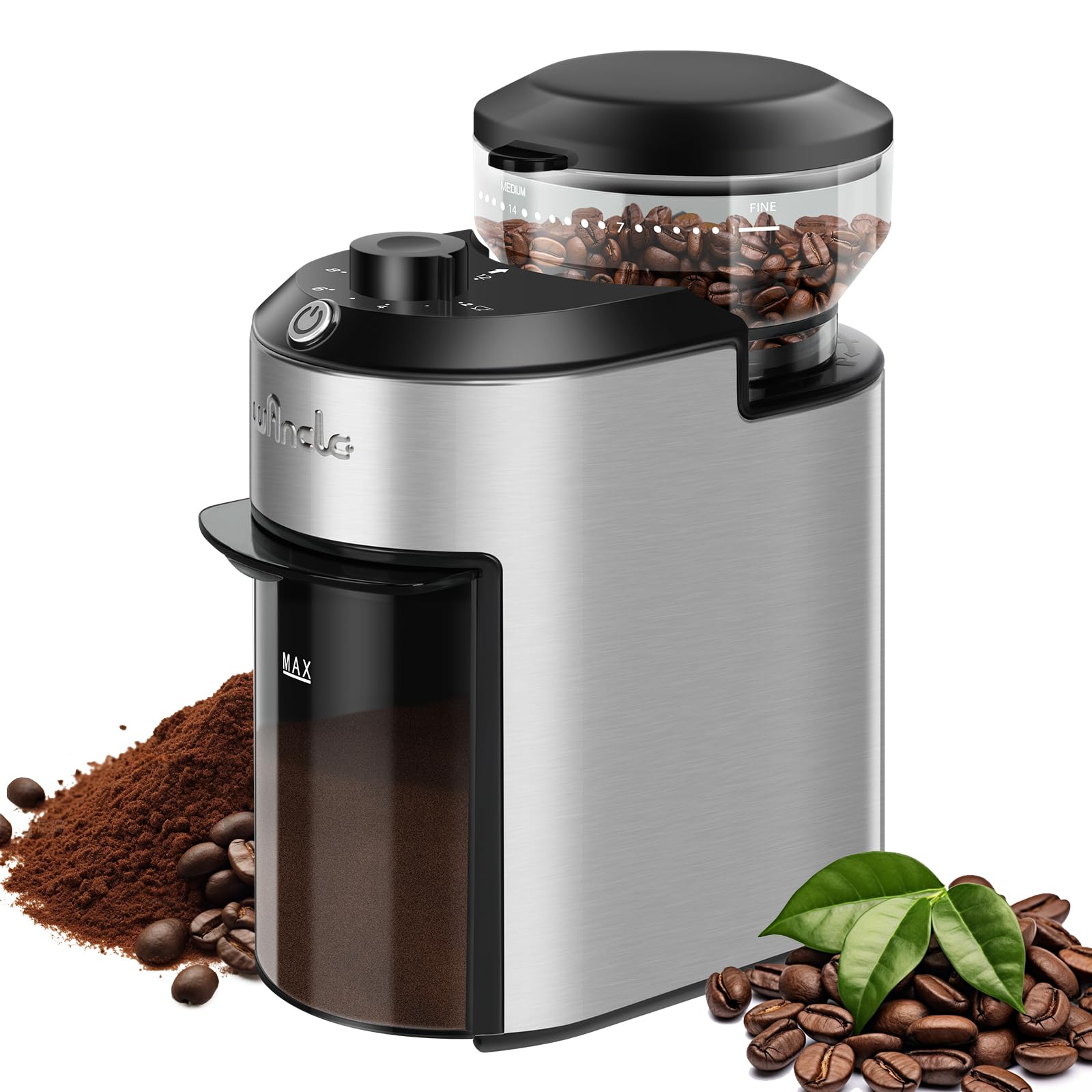 Moulin à Café à Meule Wancle 200W avec 28 Réglages de Mouture, Protection Contre la Surchauffe, Capacité de 2 à 12 Tasses, Design Compact pour un Rangement Facile, Acier Inoxydable, 220V
