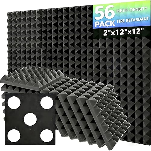 Paquete de 56 paneles de espuma acústica, 12 x 12 x 2 pulgadas, paneles de espuma a prueba de sonido para paredes, pirámide, insonorización, espuma