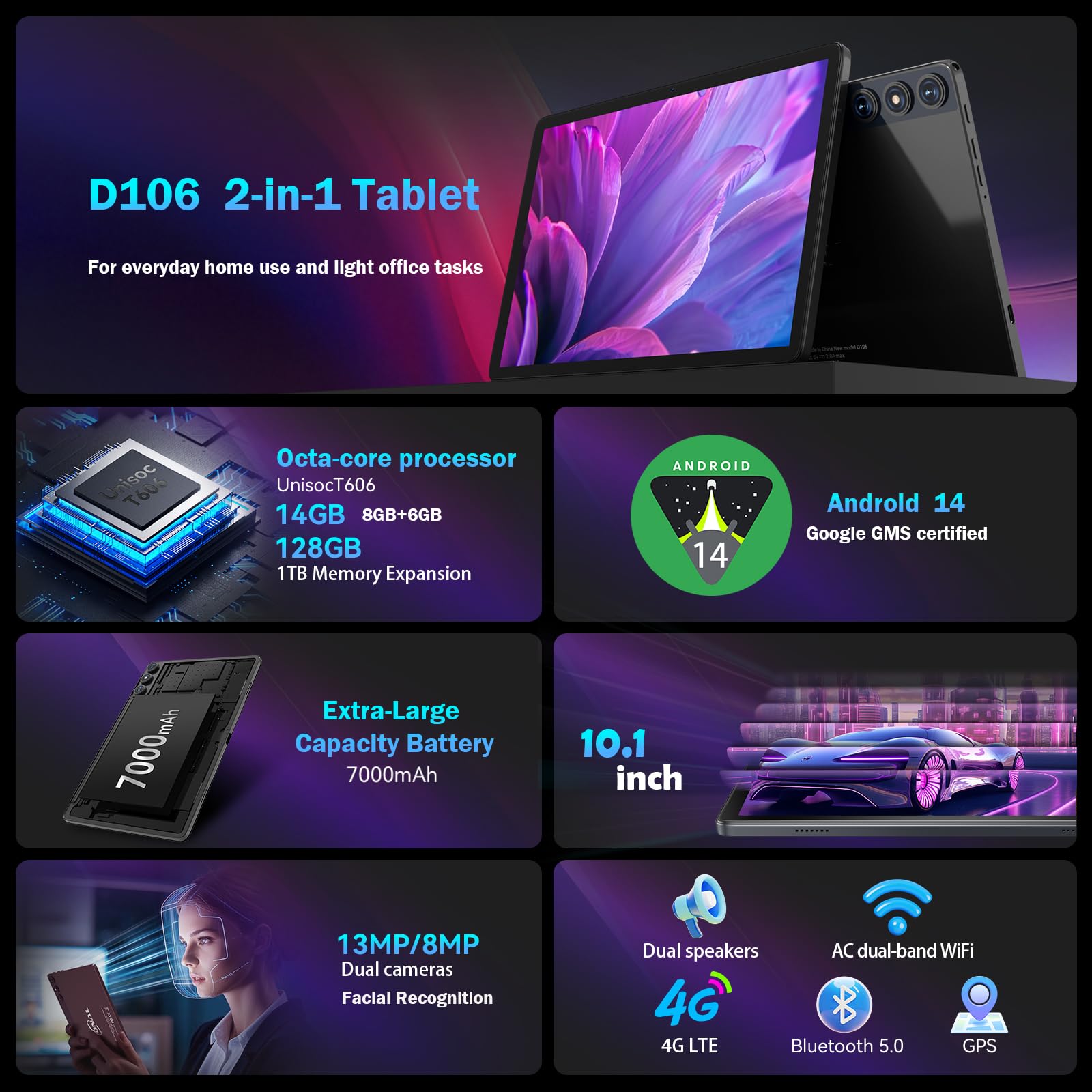 KADYBE Androidタブレット D106 Wi-Fi + Cellモデル Amazon.com : KADYBE Android 14 Tablet 10 inch 128GB Storage 1TB