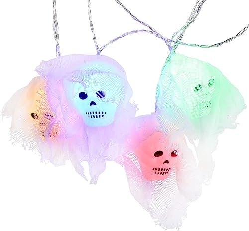 Miniatura 2 de TORCHSTAR Luces de calavera de Halloween, 10 luces LED de gasa blanca para interiores y exteriores, decoración de fiestas de vacaciones, funciona